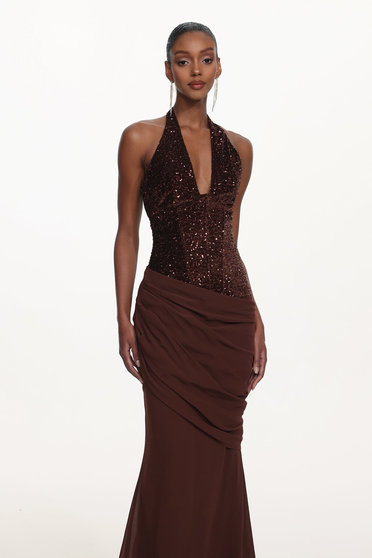 Theodora Chic Contour V Neck Halter Ruched Sequin Maxi Dress D260101221