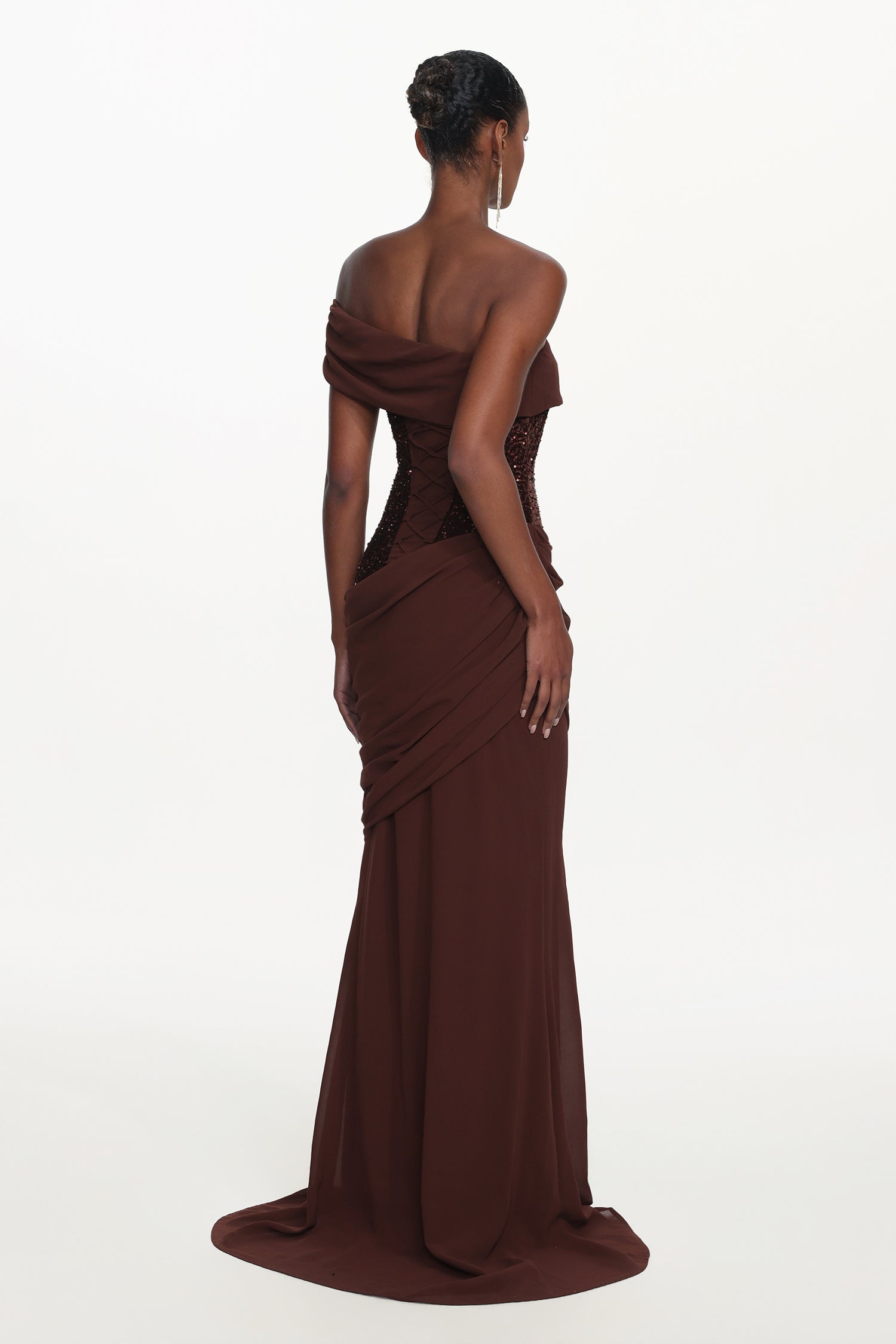 Naleza Chic Contour Off Shoulder Asymmetric Ruched Sequin Maxi Dress D260101220