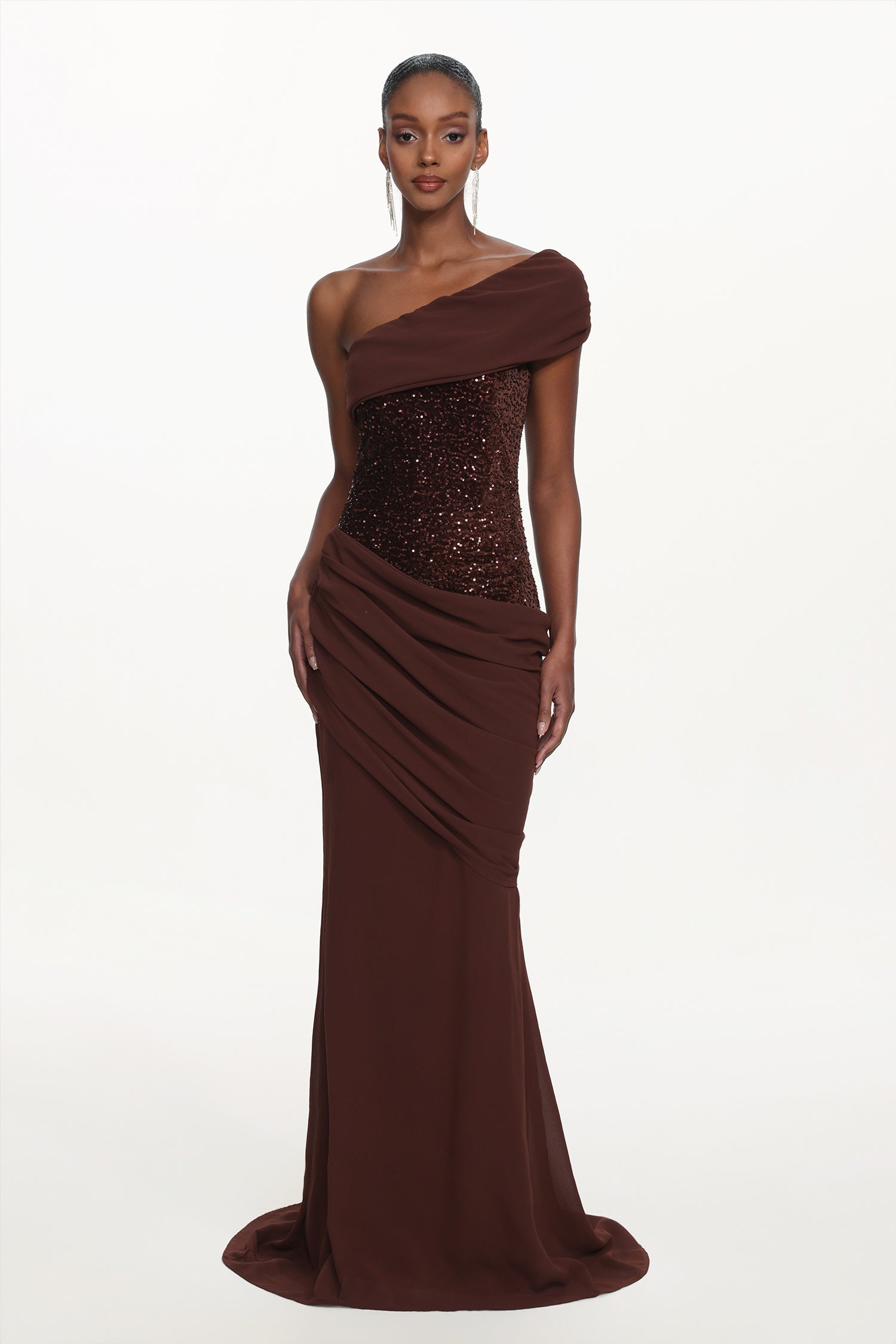 Naleza Chic Contour Off Shoulder Asymmetric Ruched Sequin Maxi Dress D260101220