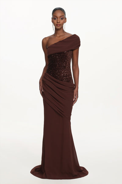 Naleza Chic Contour Off Shoulder Asymmetric Ruched Sequin Maxi Dress by Bella Barnett