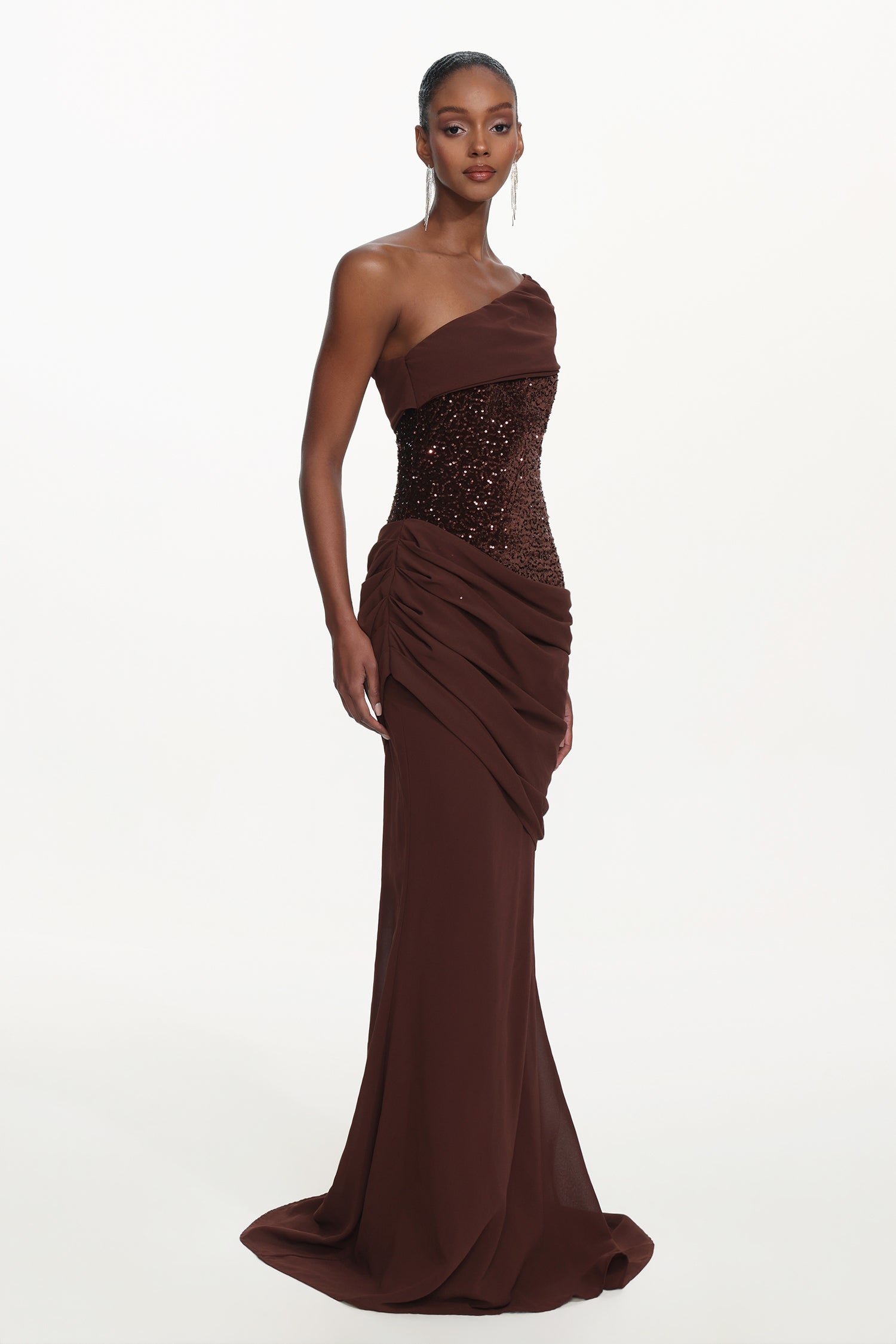 Naleza Chic Contour Off Shoulder Asymmetric Ruched Sequin Maxi Dress D260101220