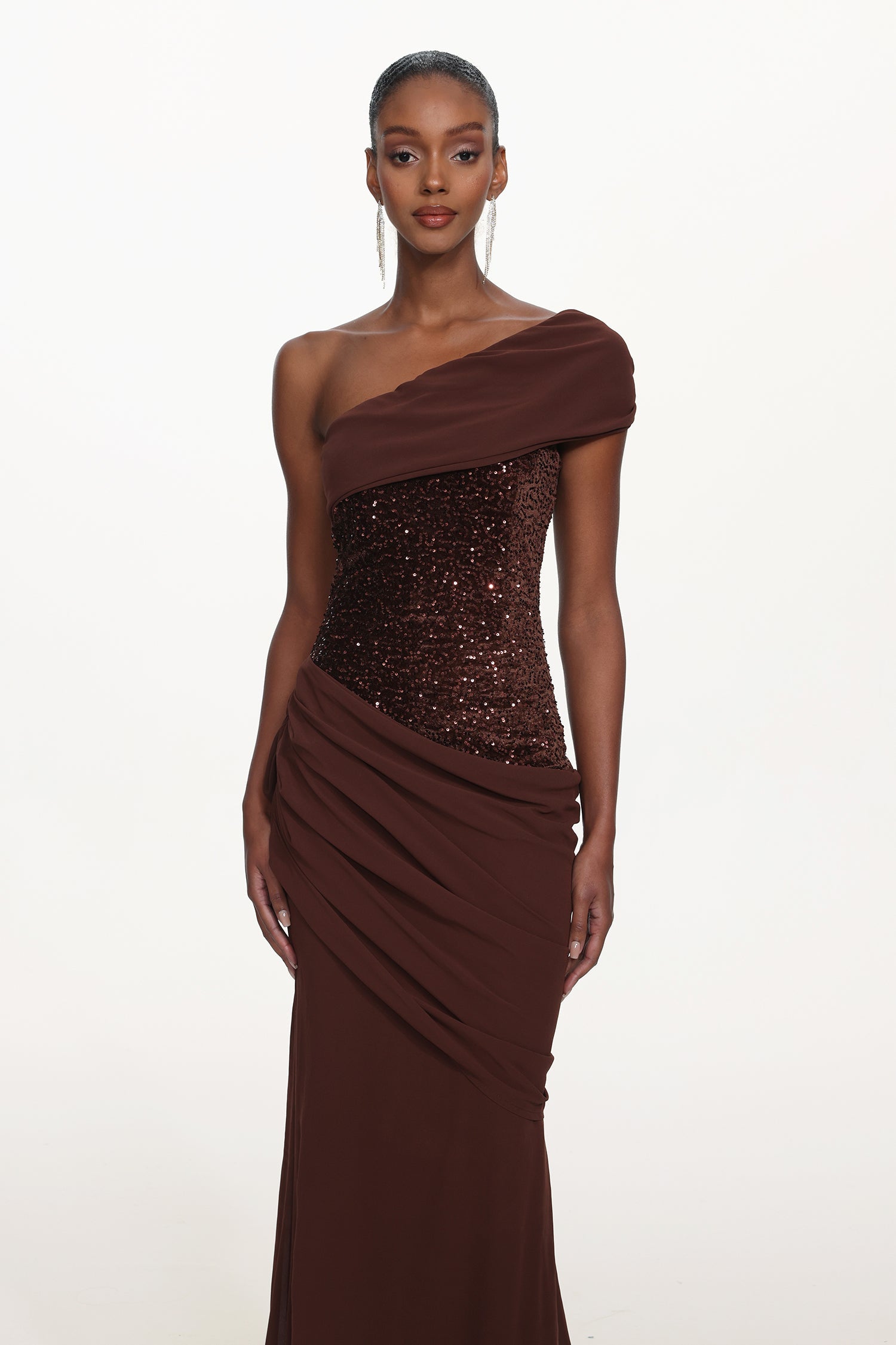 Naleza Chic Contour Off Shoulder Asymmetric Ruched Sequin Maxi Dress D260101220