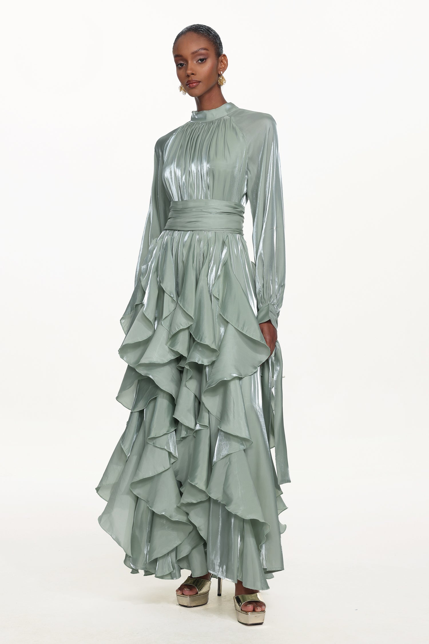 Grasa Elegant Flowy Long Sleeve Pleated Ruffle Maxi Dress D251201528