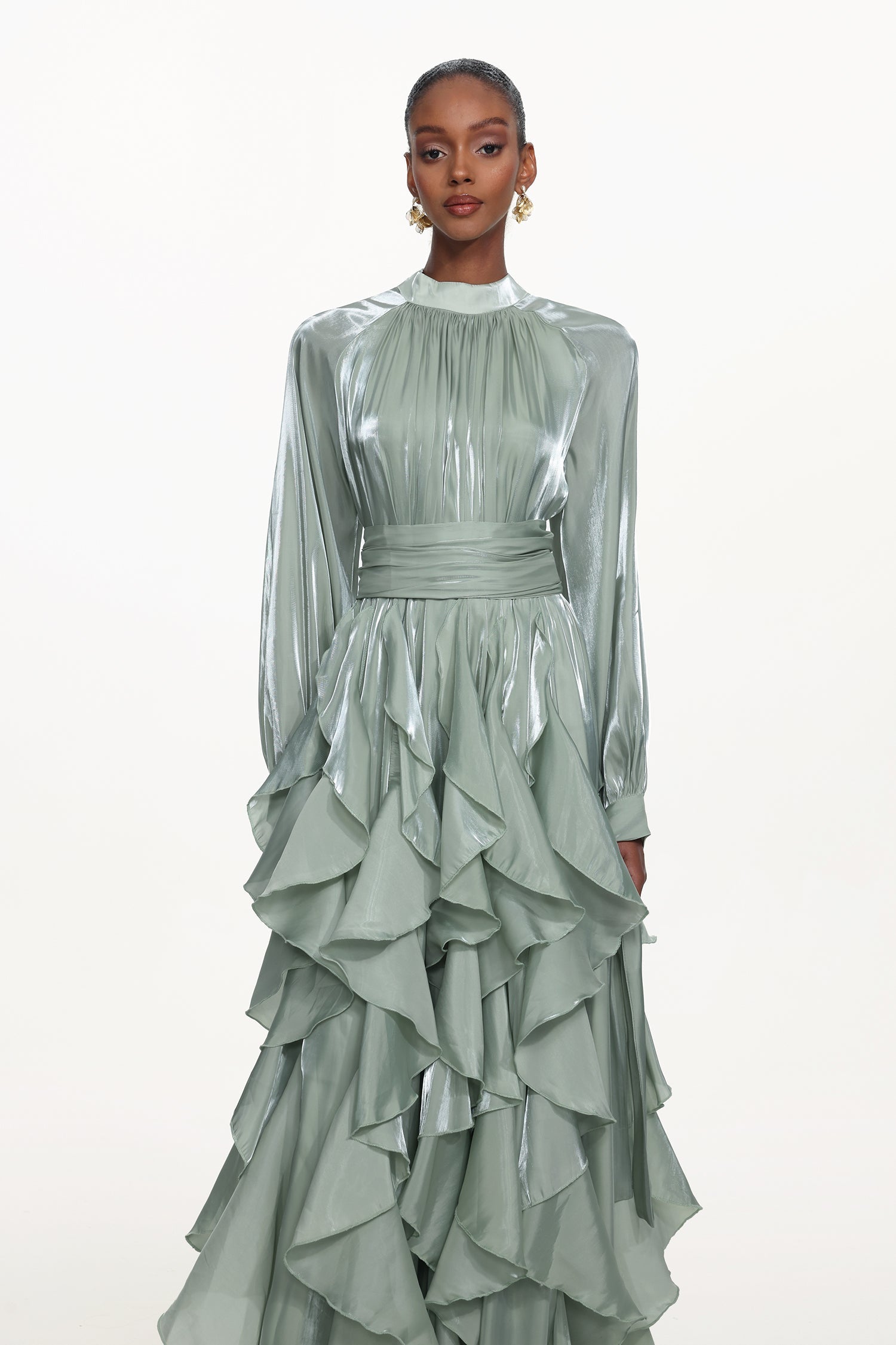Grasa Elegant Flowy Long Sleeve Pleated Ruffle Maxi Dress D251201528