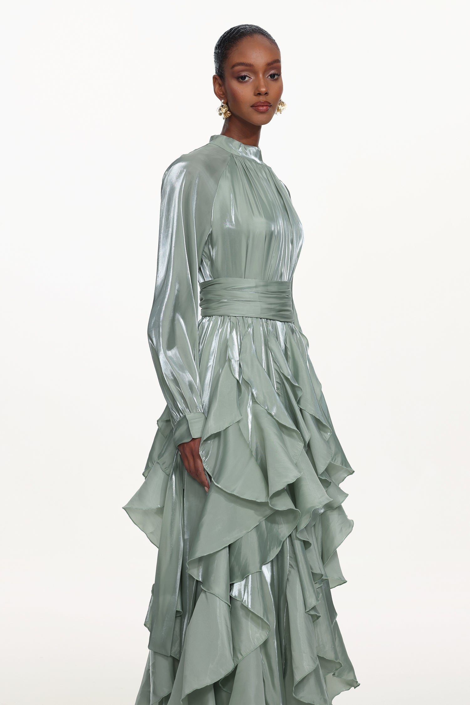 Grasa Elegant Flowy Long Sleeve Pleated Ruffle Maxi Dress D251201528
