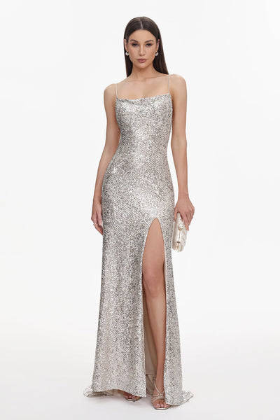 Gold - Fagra Glamorous Contour Sleeveless High Slit Sequin Maxi Dress by Bella Barnett