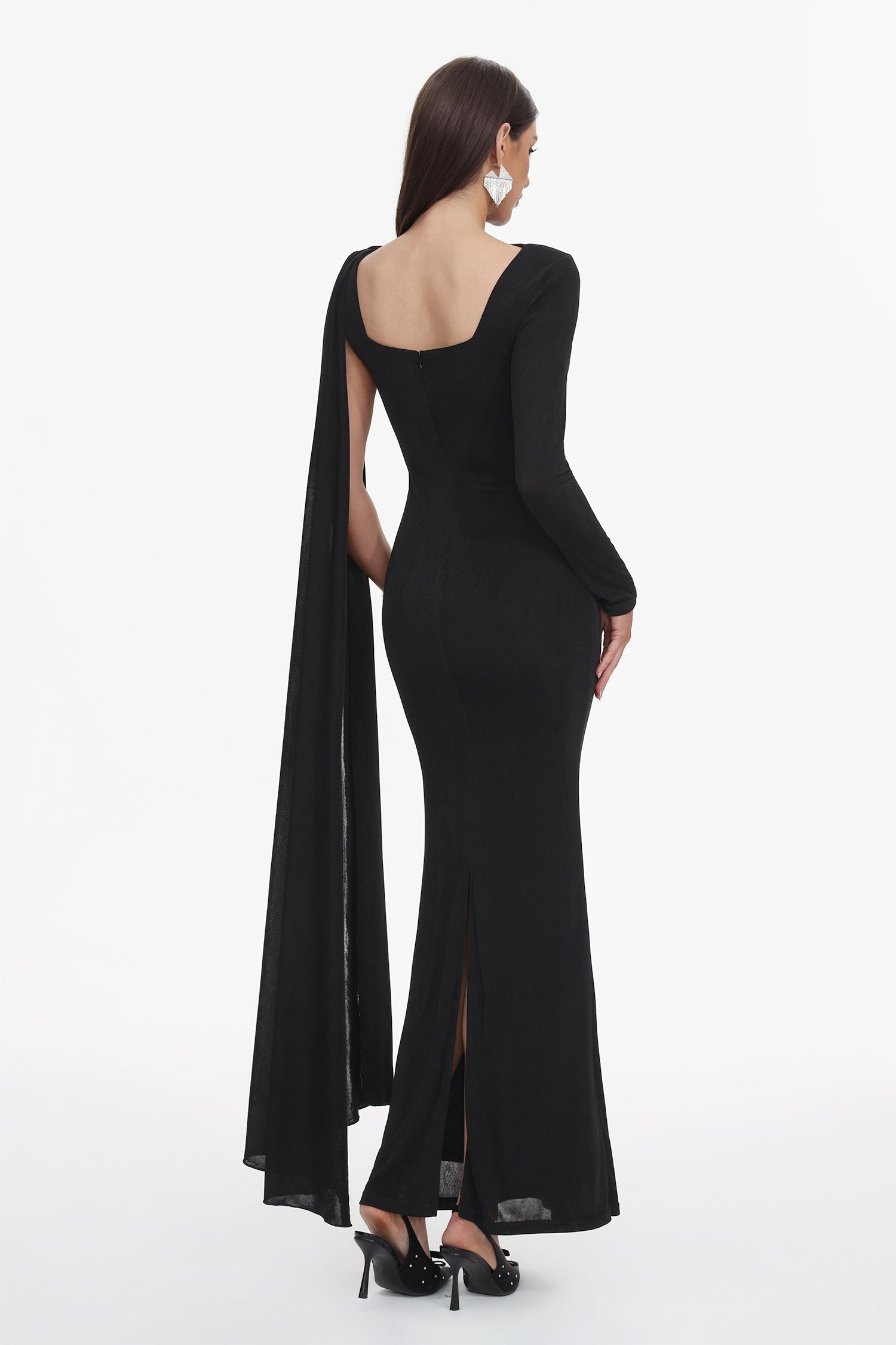 Louxia Elegant Contour One Sleeve Asymmetric Cape Maxi Dress D251204318