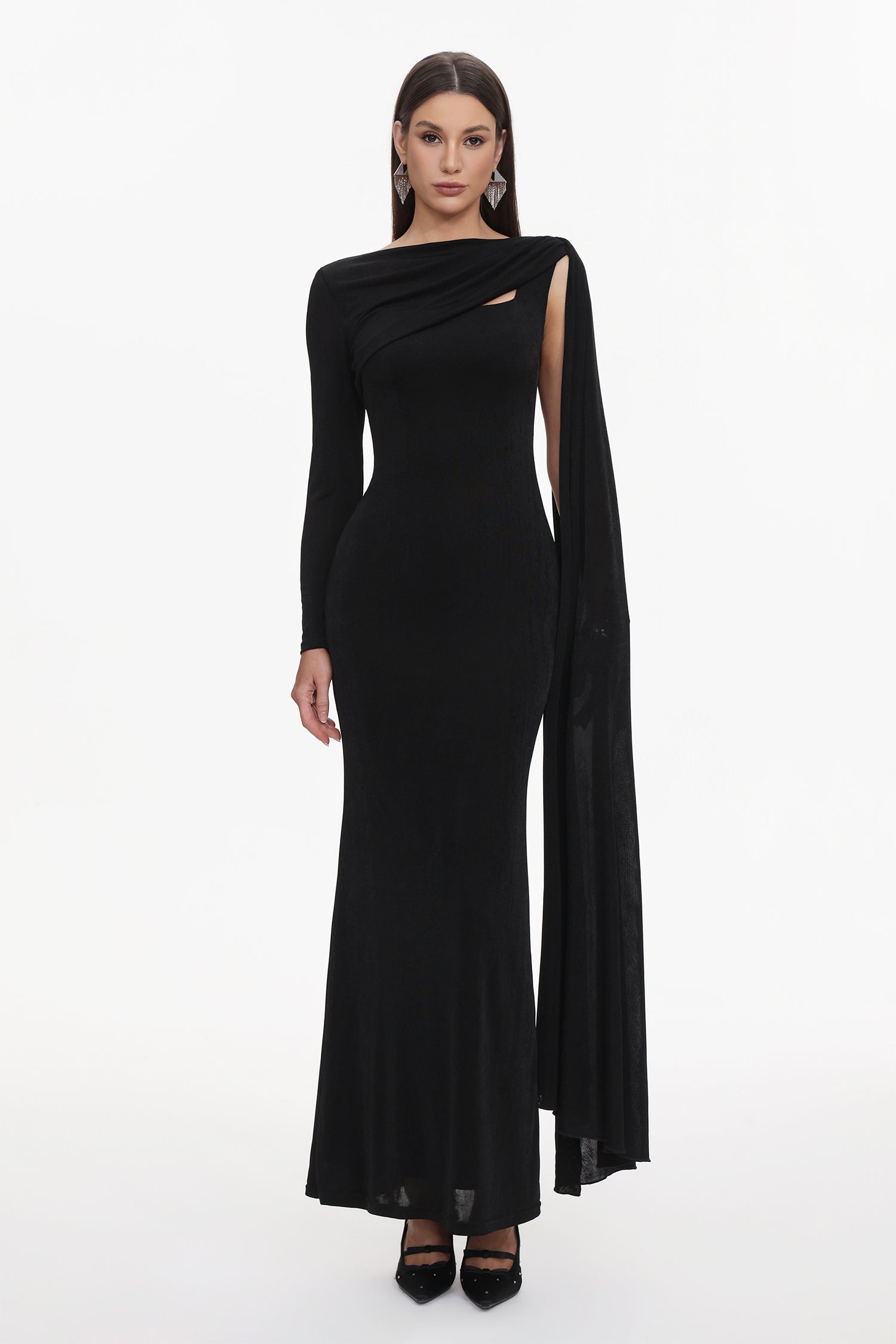 Louxia Elegant Contour One Sleeve Asymmetric Cape Maxi Dress D251204318