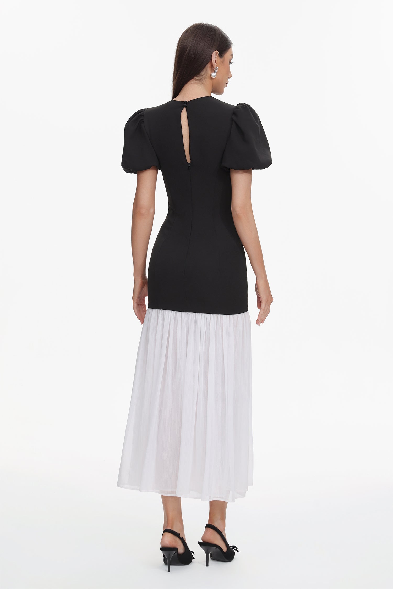 Spiral Classic Tailored Puff Sleeve Pleated Contrast Maxi Dress D251204316-BLACK