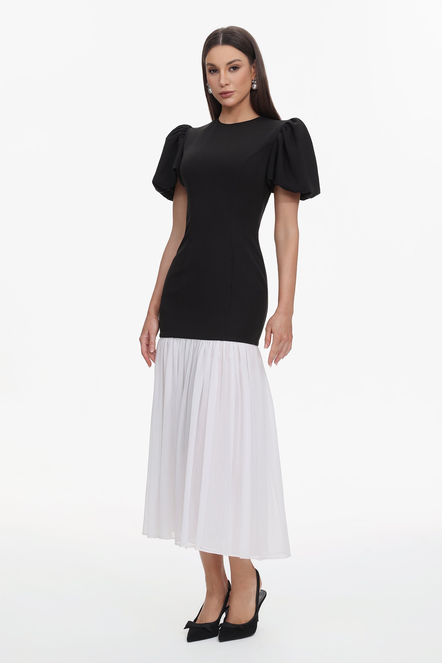 Spiral Classic Tailored Puff Sleeve Pleated Contrast Maxi Dress D251204316-BLACK