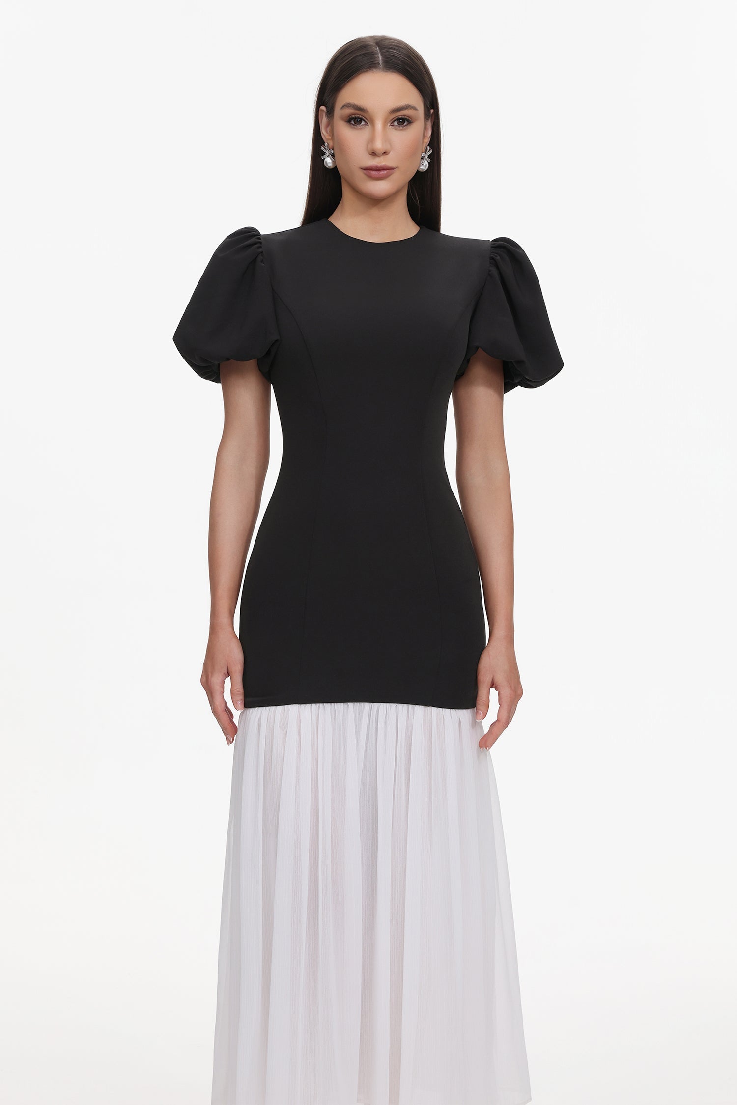 Spiral Classic Tailored Puff Sleeve Pleated Contrast Maxi Dress D251204316-BLACK