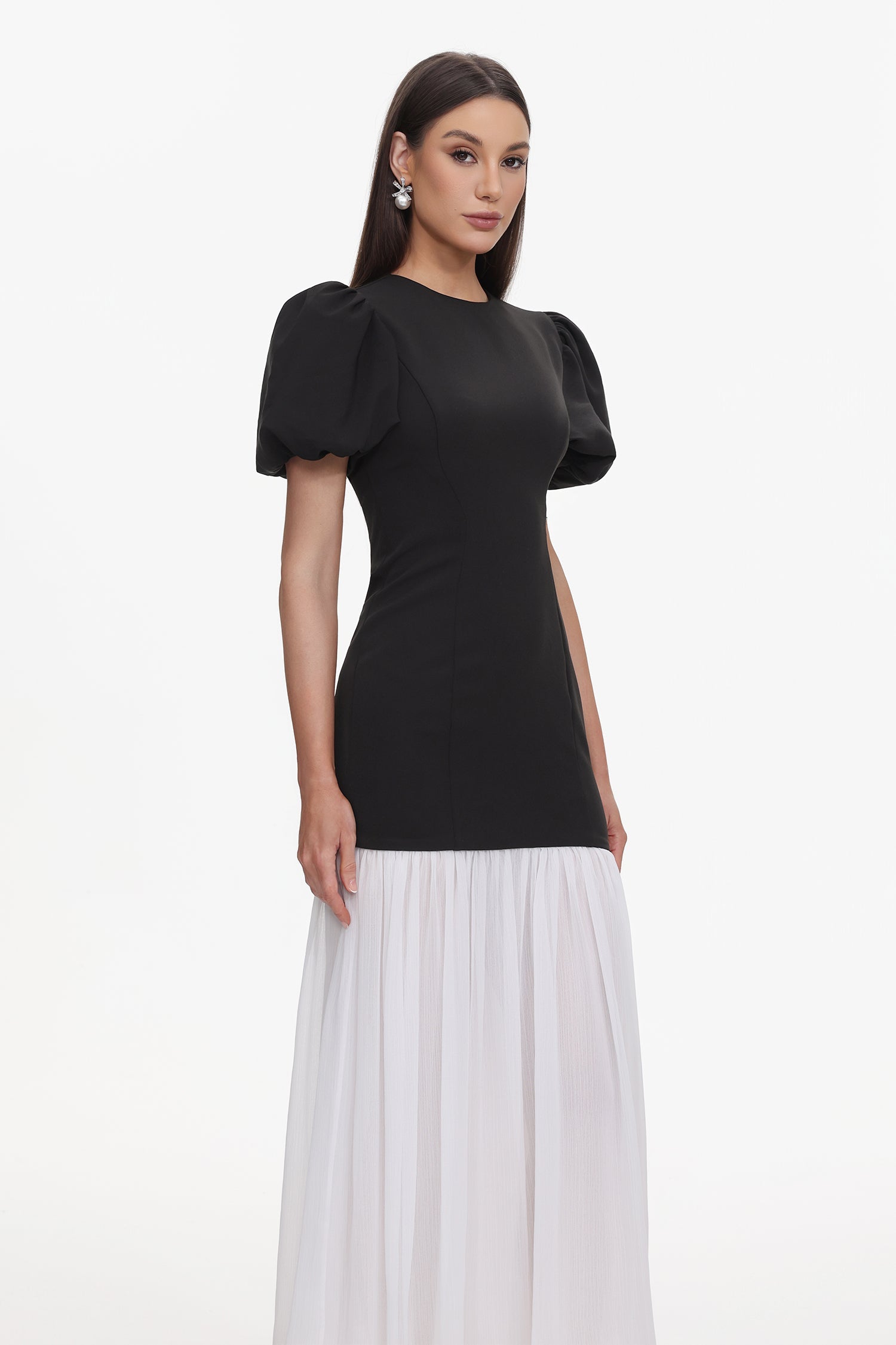 Spiral Classic Tailored Puff Sleeve Pleated Contrast Maxi Dress D251204316-BLACK