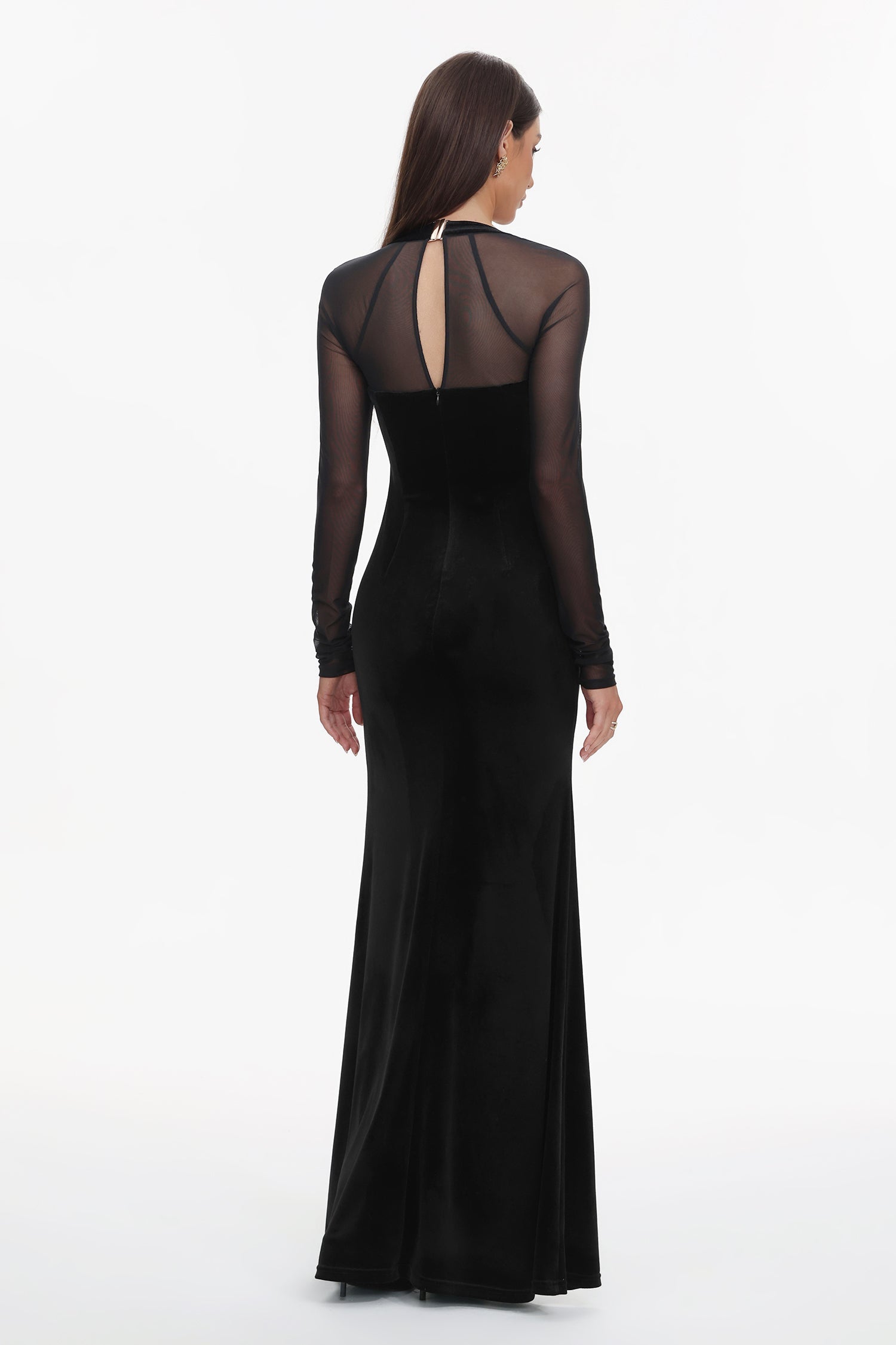 Rae Elegant  Contour Long Sleeve High Slit Velvet Maxi Dress D251204301