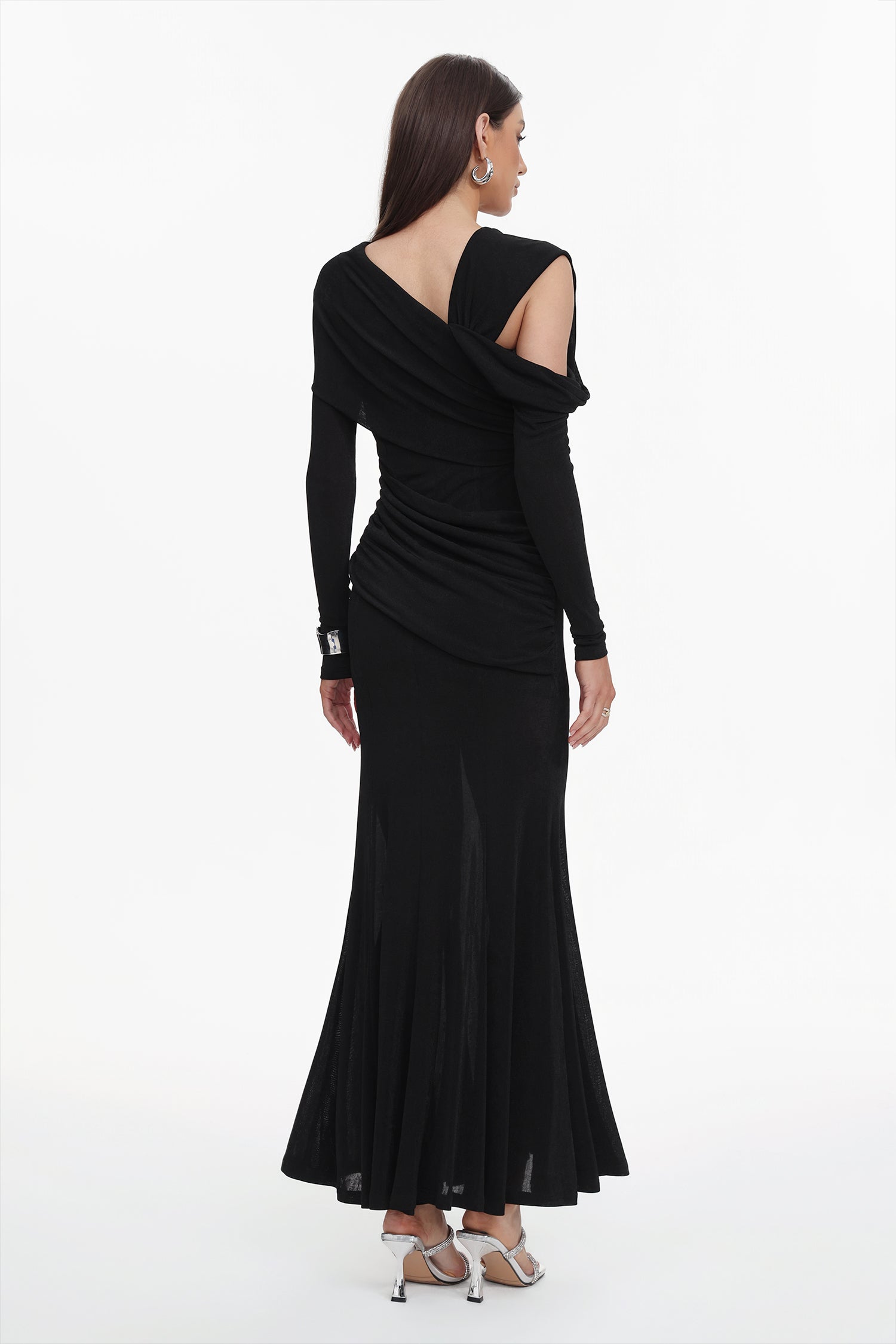 Luysa Elegant Contour One Shoulder Ruched Knit Black Maxi Dress C250800180