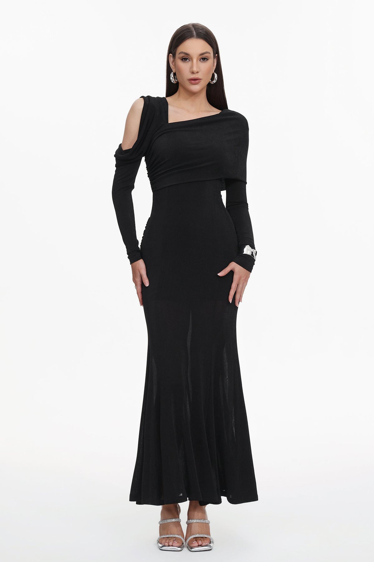 Luysa Elegant Contour One Shoulder Ruched Knit Black Maxi Dress C250800180