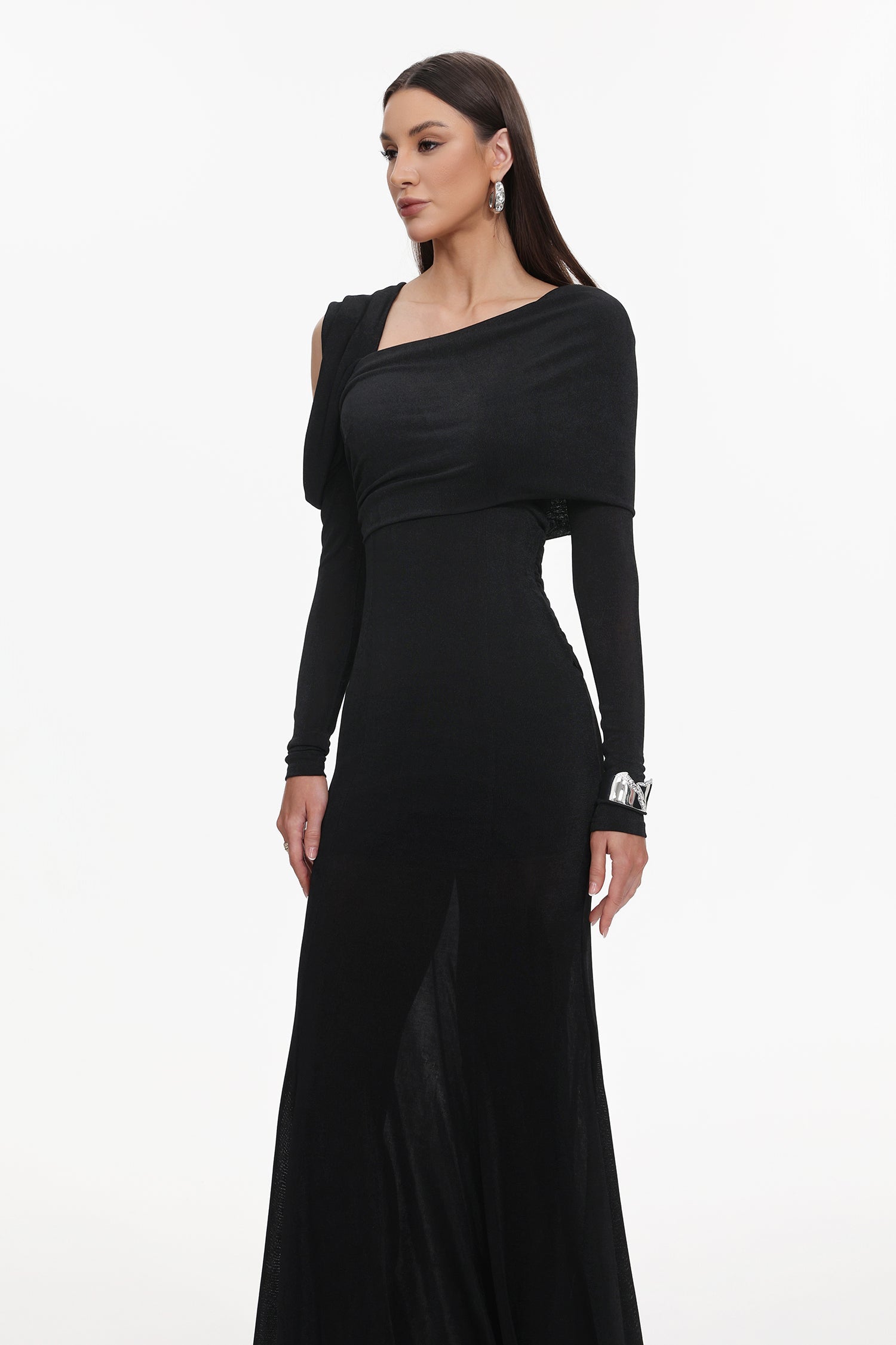 Luysa Elegant Contour One Shoulder Ruched Knit Black Maxi Dress C250800180