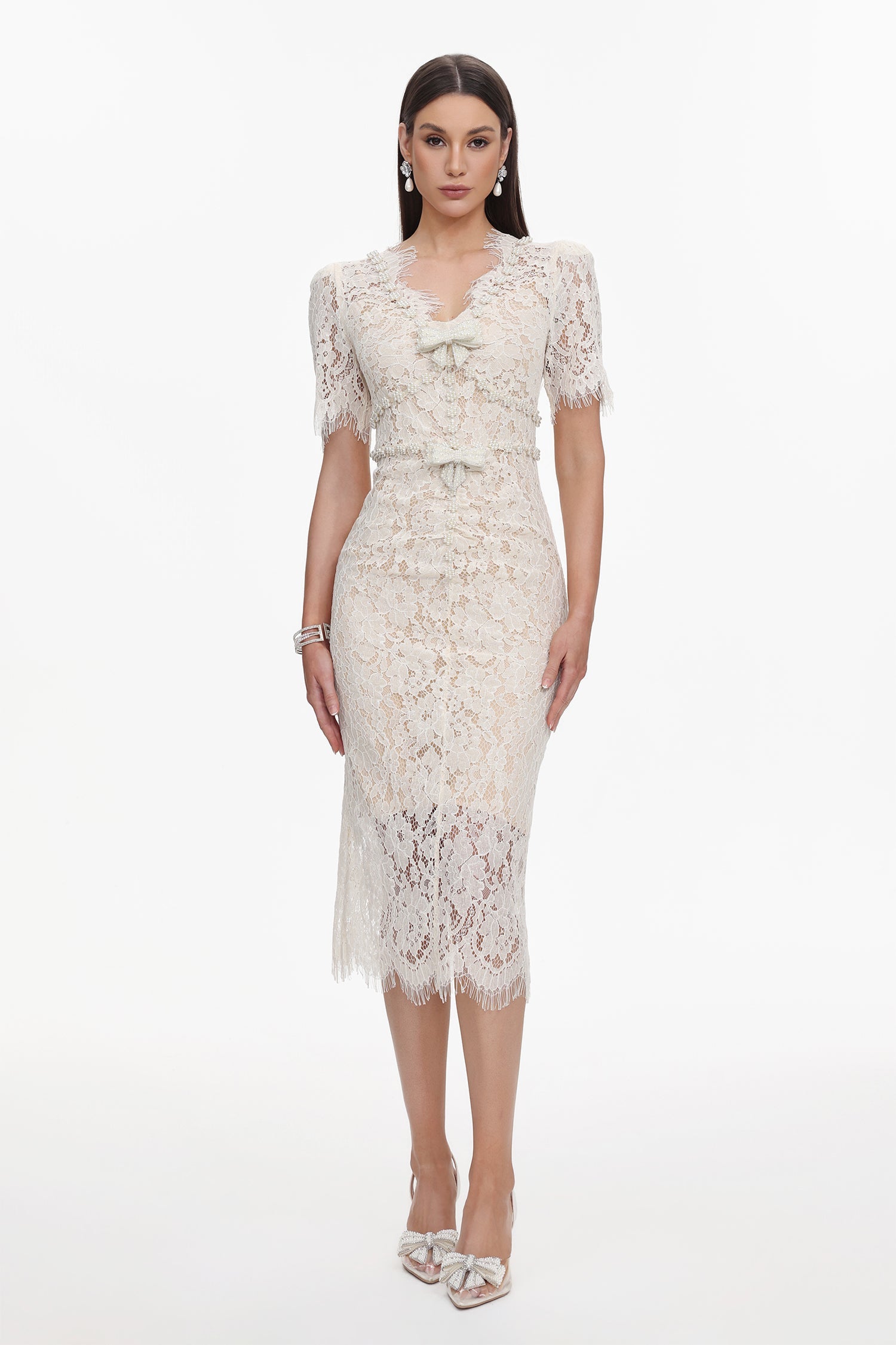 Maisie V-Neck Short Sleeves Bowknot Lace Midi Dress C250400277