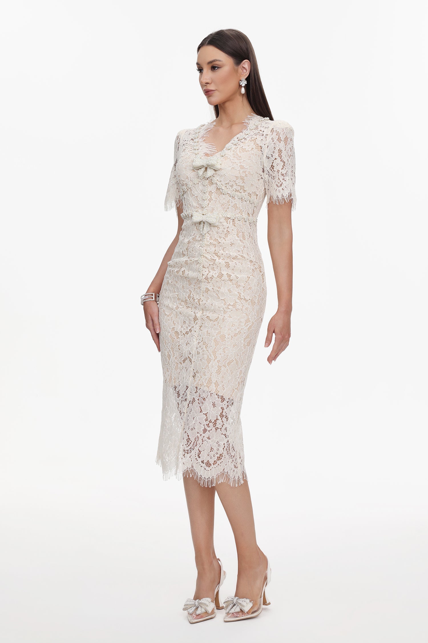 Maisie V-Neck Short Sleeves Bowknot Lace Midi Dress C250400277
