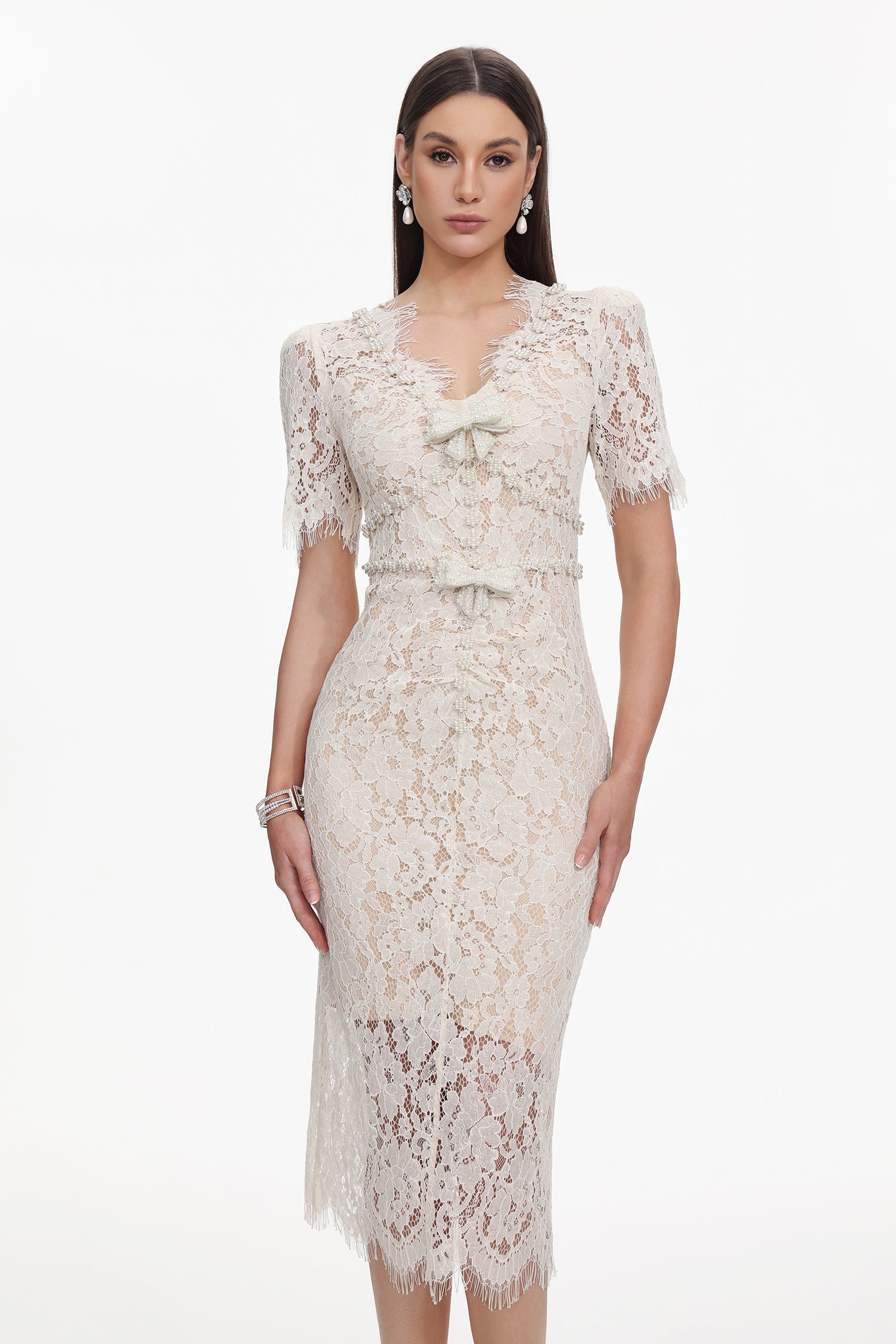 Maisie V-Neck Short Sleeves Bowknot Lace Midi Dress C250400277