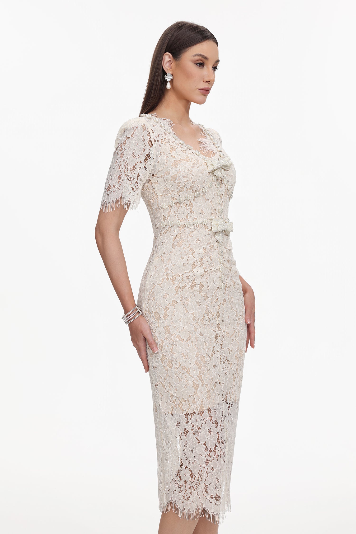 Maisie V-Neck Short Sleeves Bowknot Lace Midi Dress C250400277