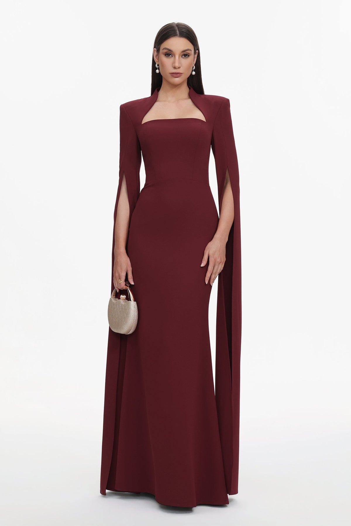 Werko Elegant Tailored Square Neck Cape Sleeve Woven Maxi Dress D251204303