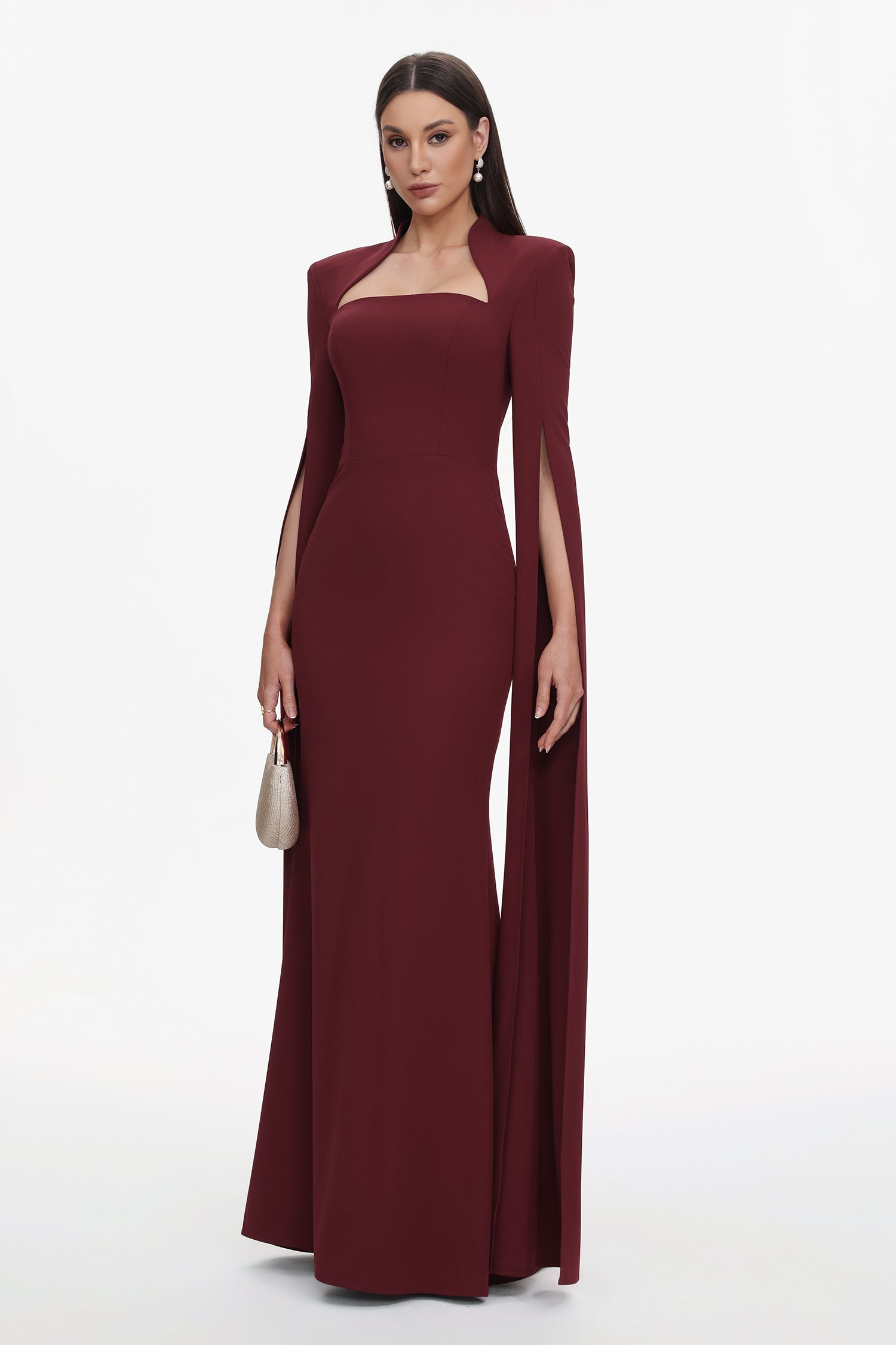 Werko Elegant Tailored Square Neck Cape Sleeve Woven Maxi Dress D251204303