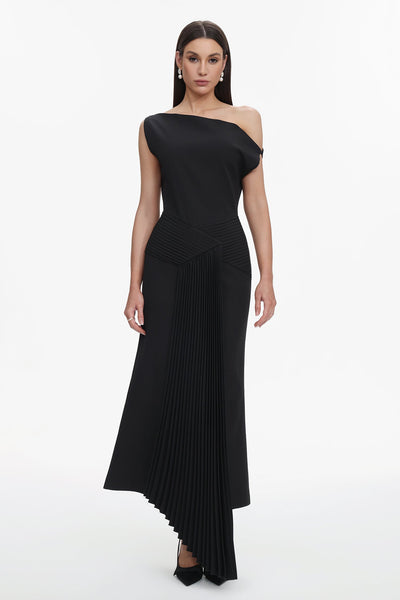 Black - Juny Oblique Shoulder Sleeveless Folds Midi Dress by Bella Barnett