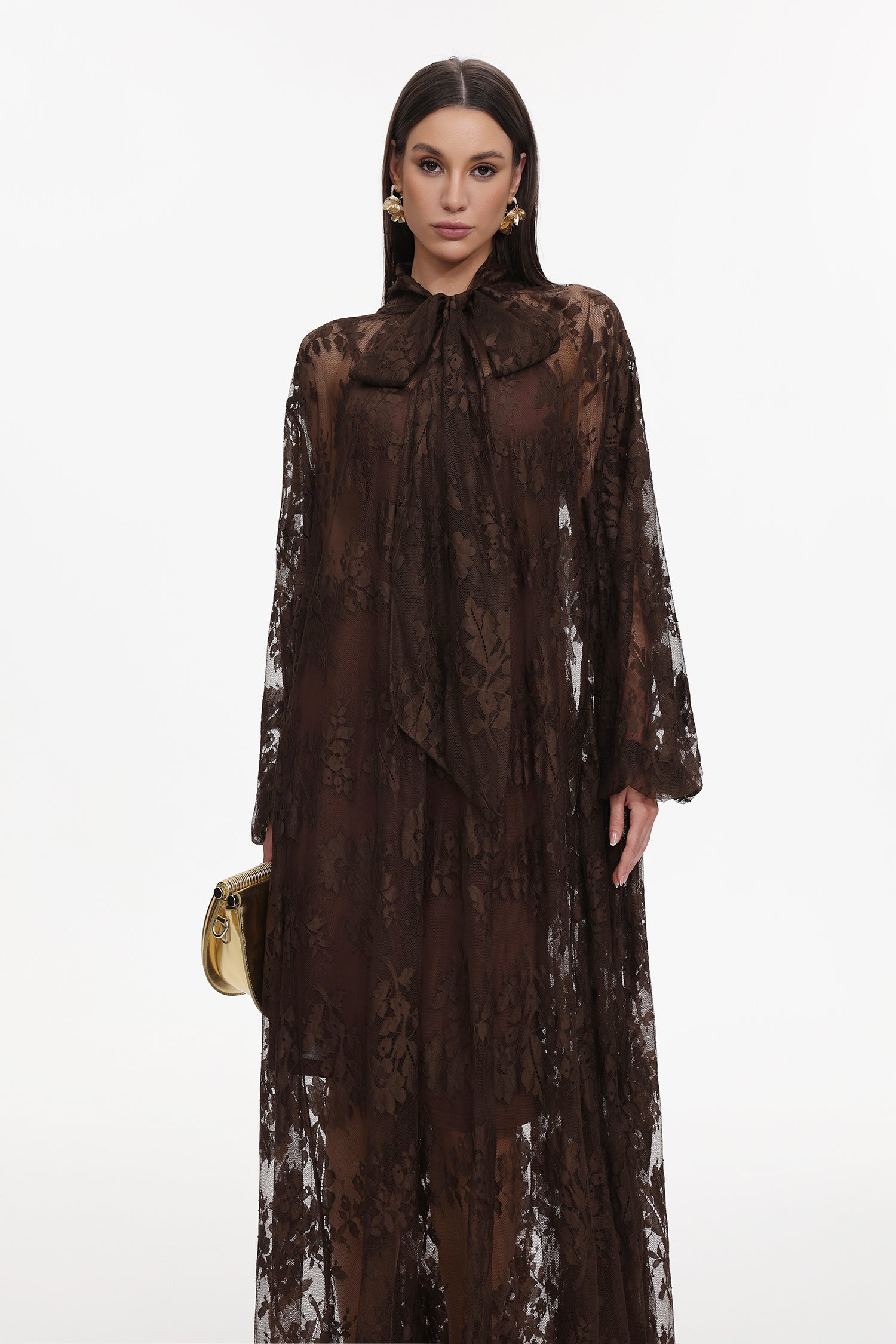 Deliyn Resort Flowy Long Sleeve Embroidered Mesh Lace Maxi Dress C251000037