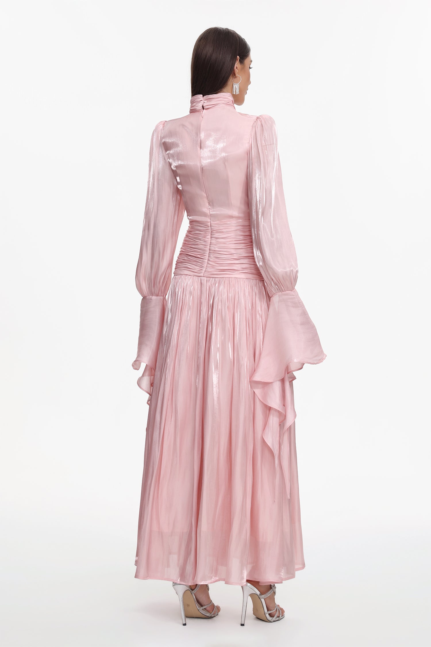 Viky Resort Waist-Defining Long Sleeve Ruched Woven Maxi Dress C251000034