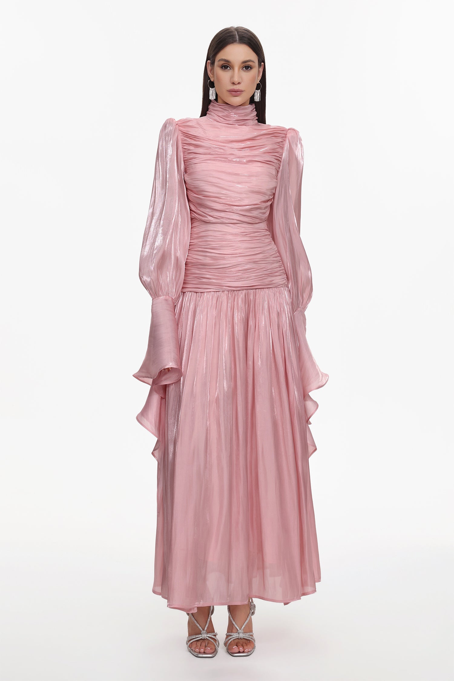 Viky Resort Waist-Defining Long Sleeve Ruched Woven Dark Pink Maxi Dress C251000034