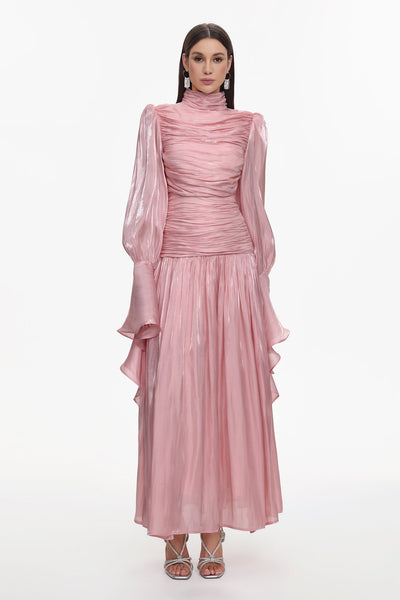 Viky Resort Waist-Defining Long Sleeve Ruched Woven Dark Pink Maxi Dress by Bella Barnett