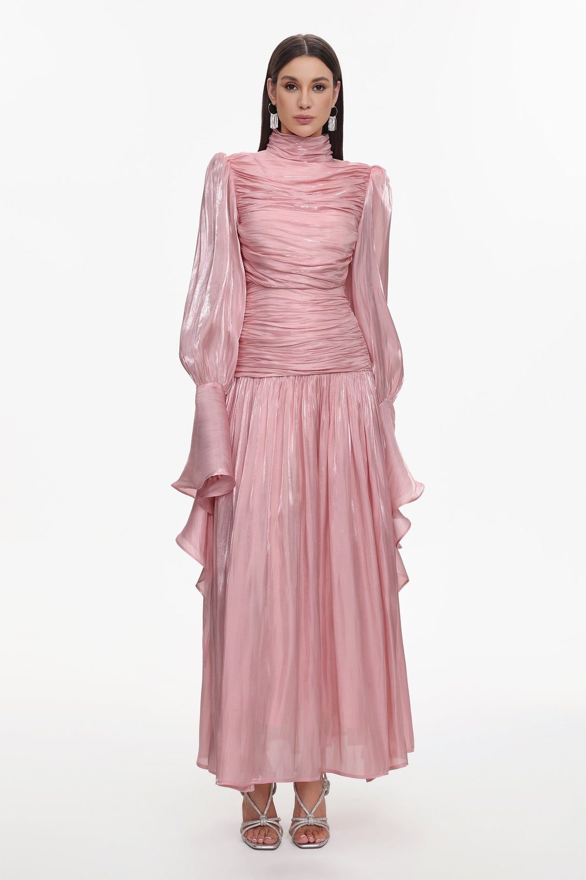 Viky Resort Waist-Defining Long Sleeve Ruched Woven Dark Pink Maxi Dress C251000034