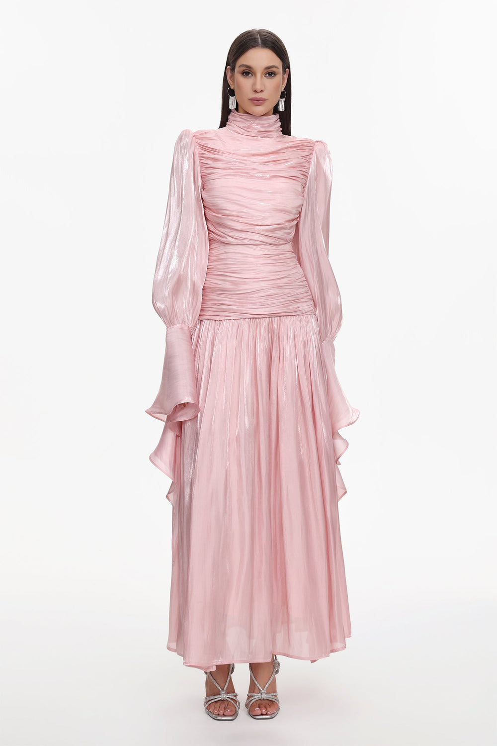 Viky Resort Waist-Defining Long Sleeve Ruched Woven Maxi Dress by Bella Barnett