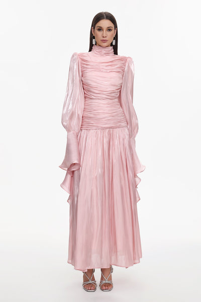 Pink - Viky Resort Waist-Defining Long Sleeve Ruched Woven Maxi Dress by Bella Barnett