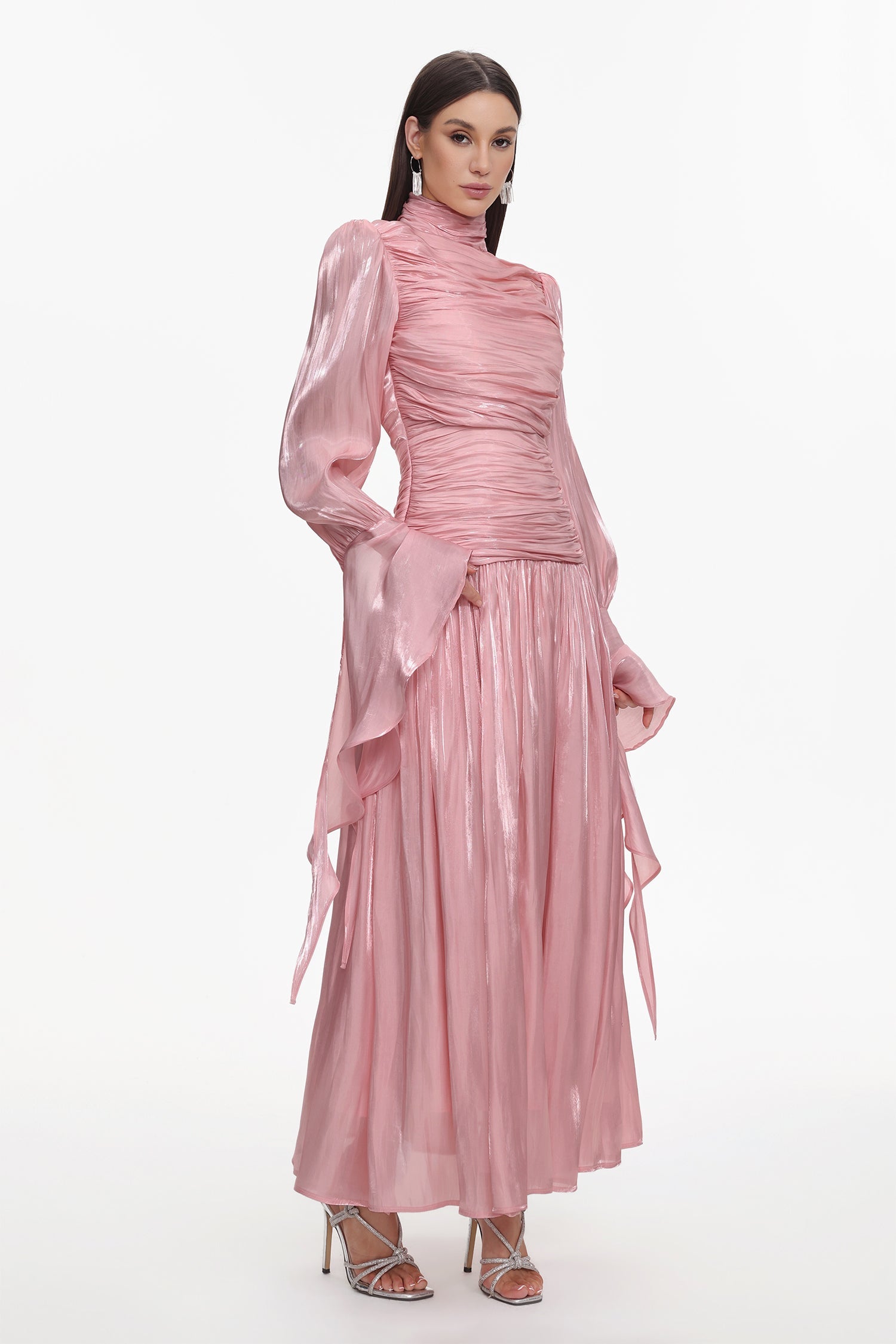 Viky Resort Waist-Defining Long Sleeve Ruched Woven Dark Pink Maxi Dress C251000034