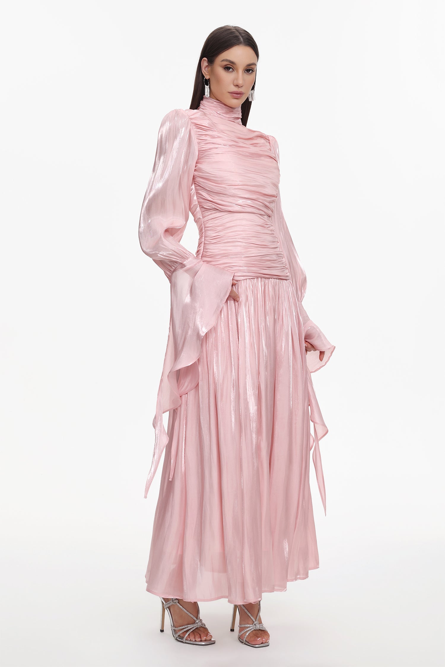 Viky Resort Waist-Defining Long Sleeve Ruched Woven Maxi Dress C251000034