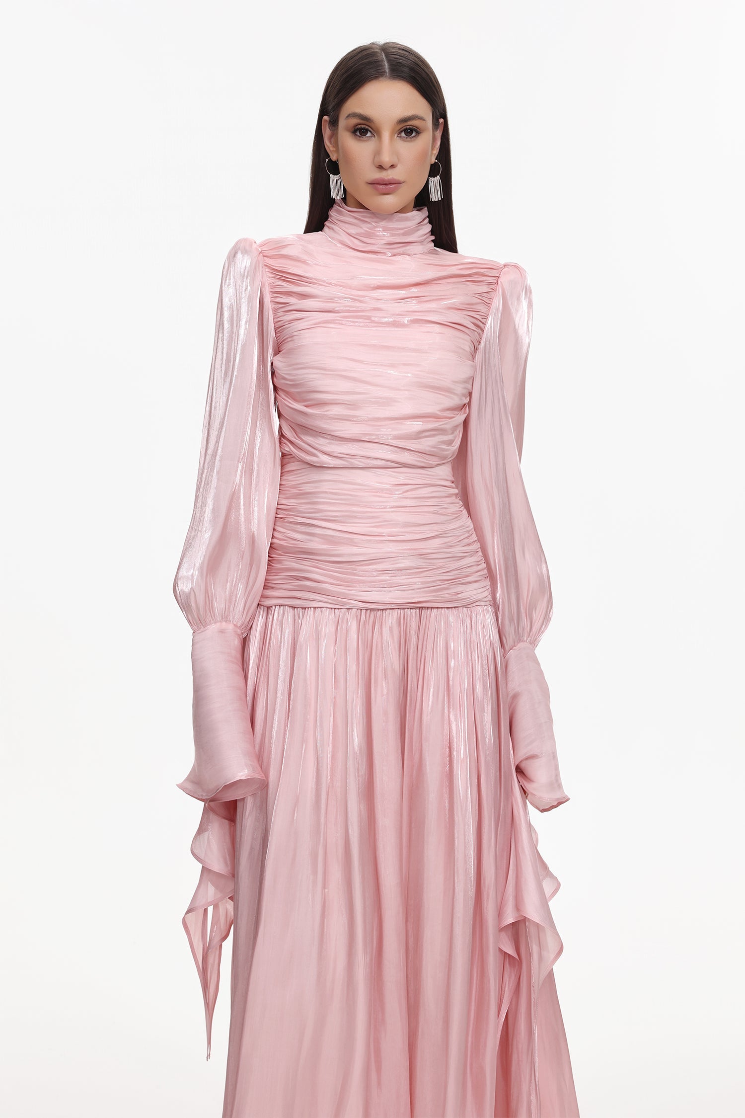 Viky Resort Waist-Defining Long Sleeve Ruched Woven Maxi Dress C251000034