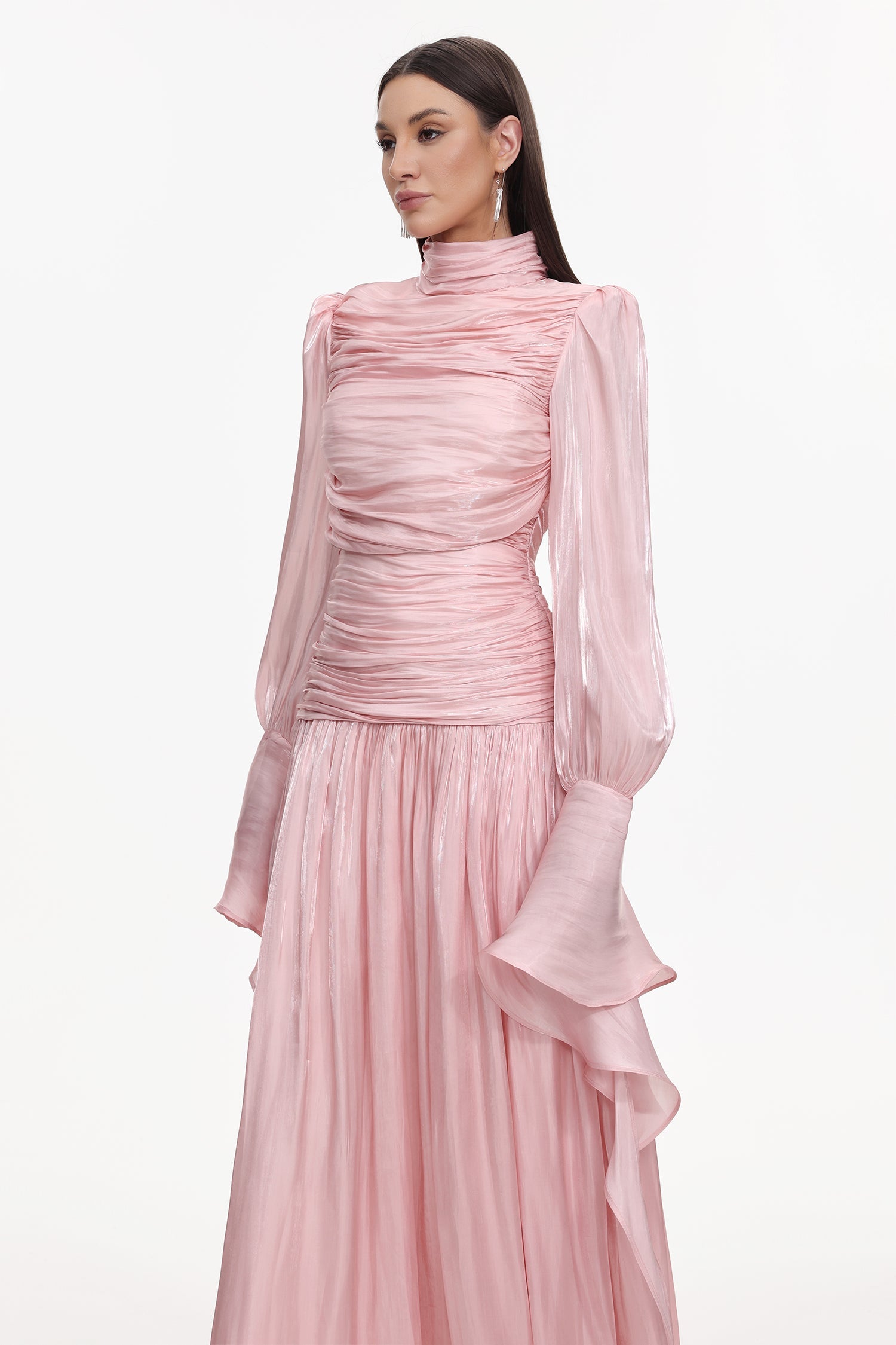 Viky Resort Waist-Defining Long Sleeve Ruched Woven Maxi Dress C251000034