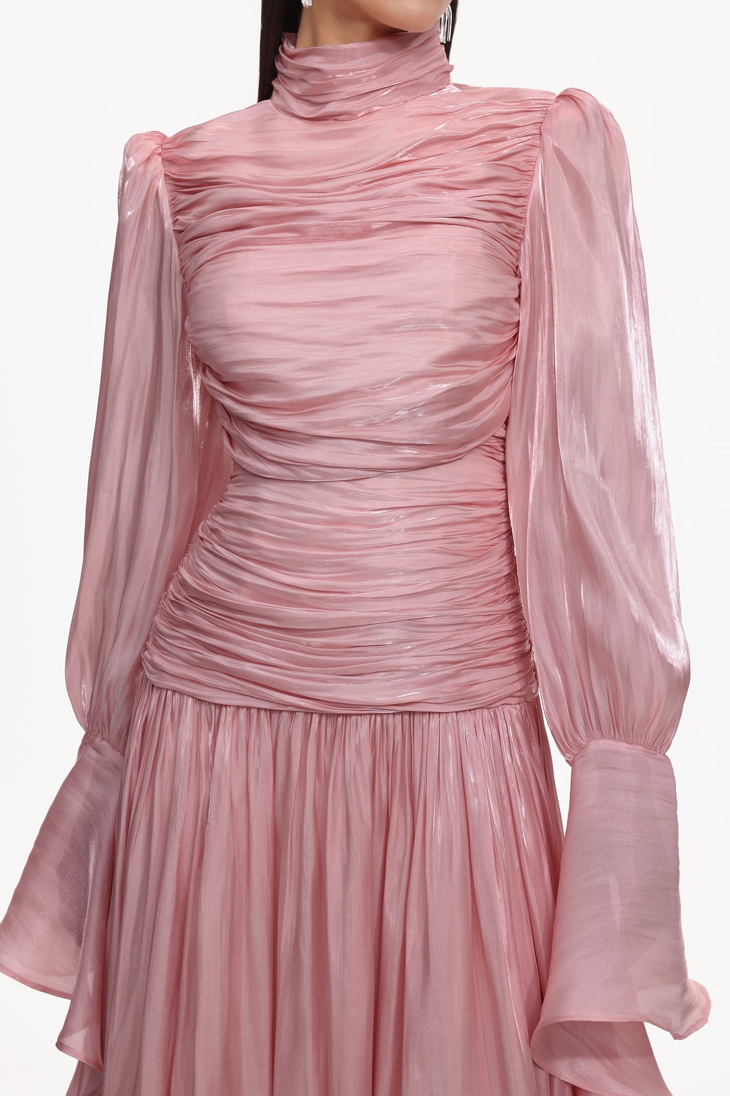 Viky Resort Waist-Defining Long Sleeve Ruched Woven Dark Pink Maxi Dress C251000034