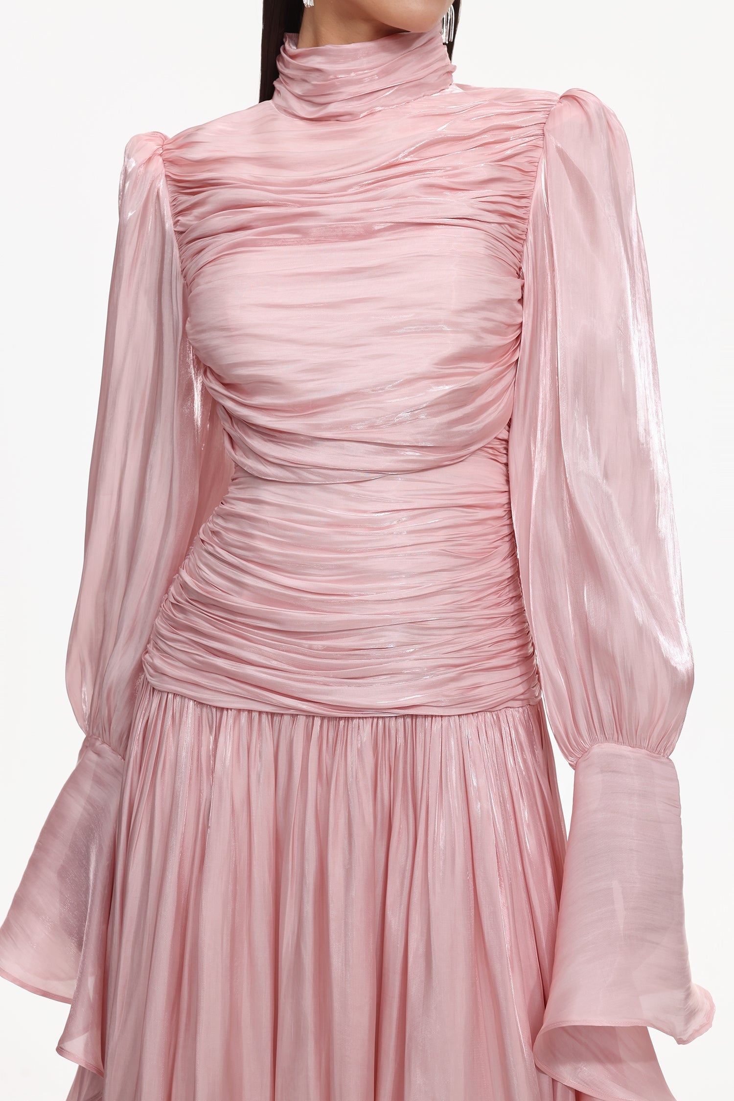 Viky Resort Waist-Defining Long Sleeve Ruched Woven Maxi Dress C251000034