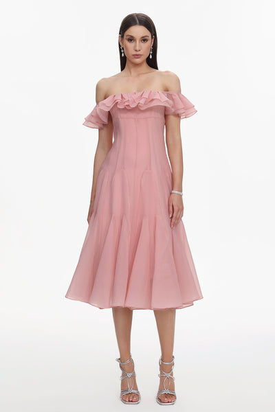 Pink - Wika Romantic Flowy Off Shoulder Ruffle Midi Dress by Bella Barnett