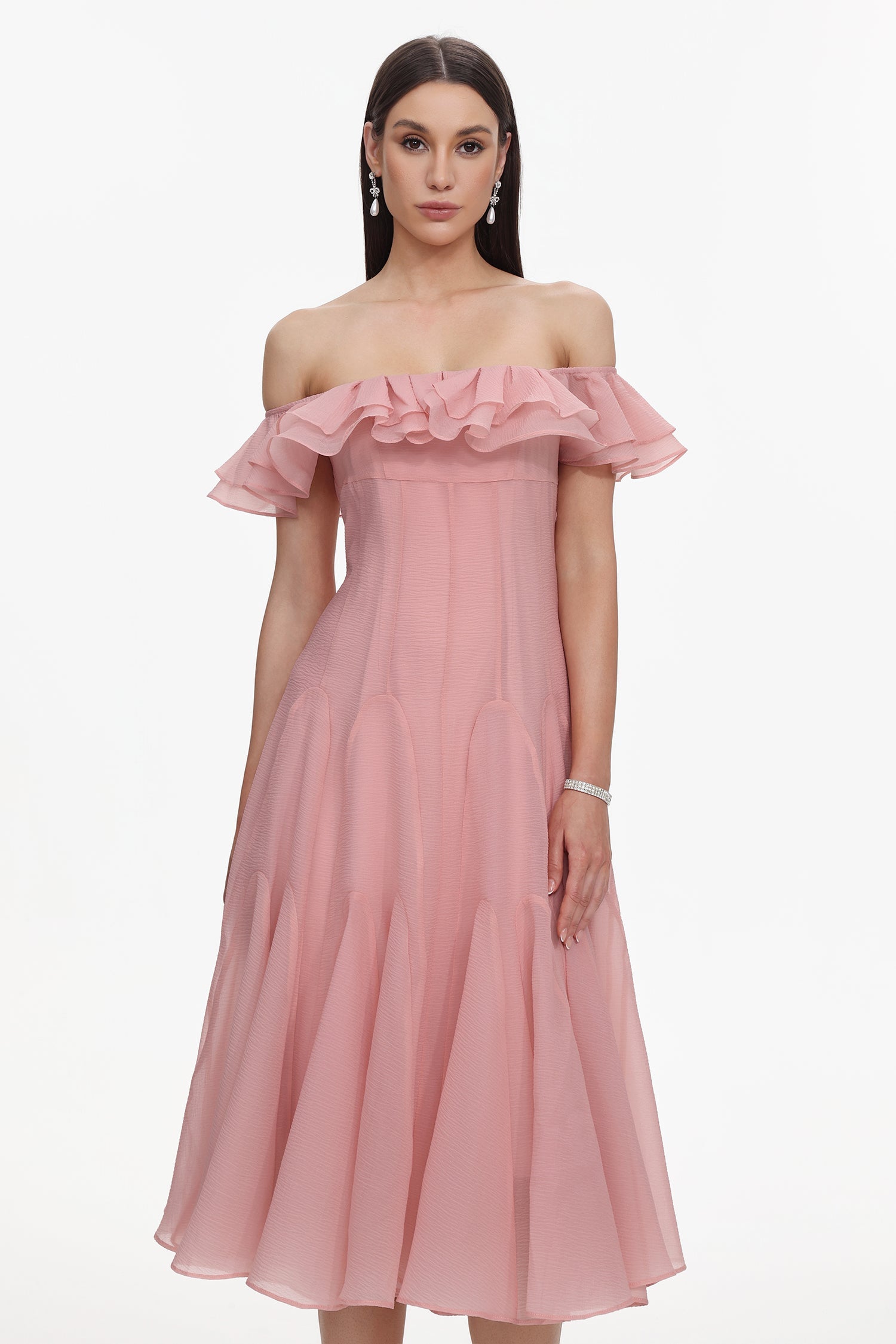 Wika Romantic Flowy Off Shoulder Ruffle Midi Dress D260101209