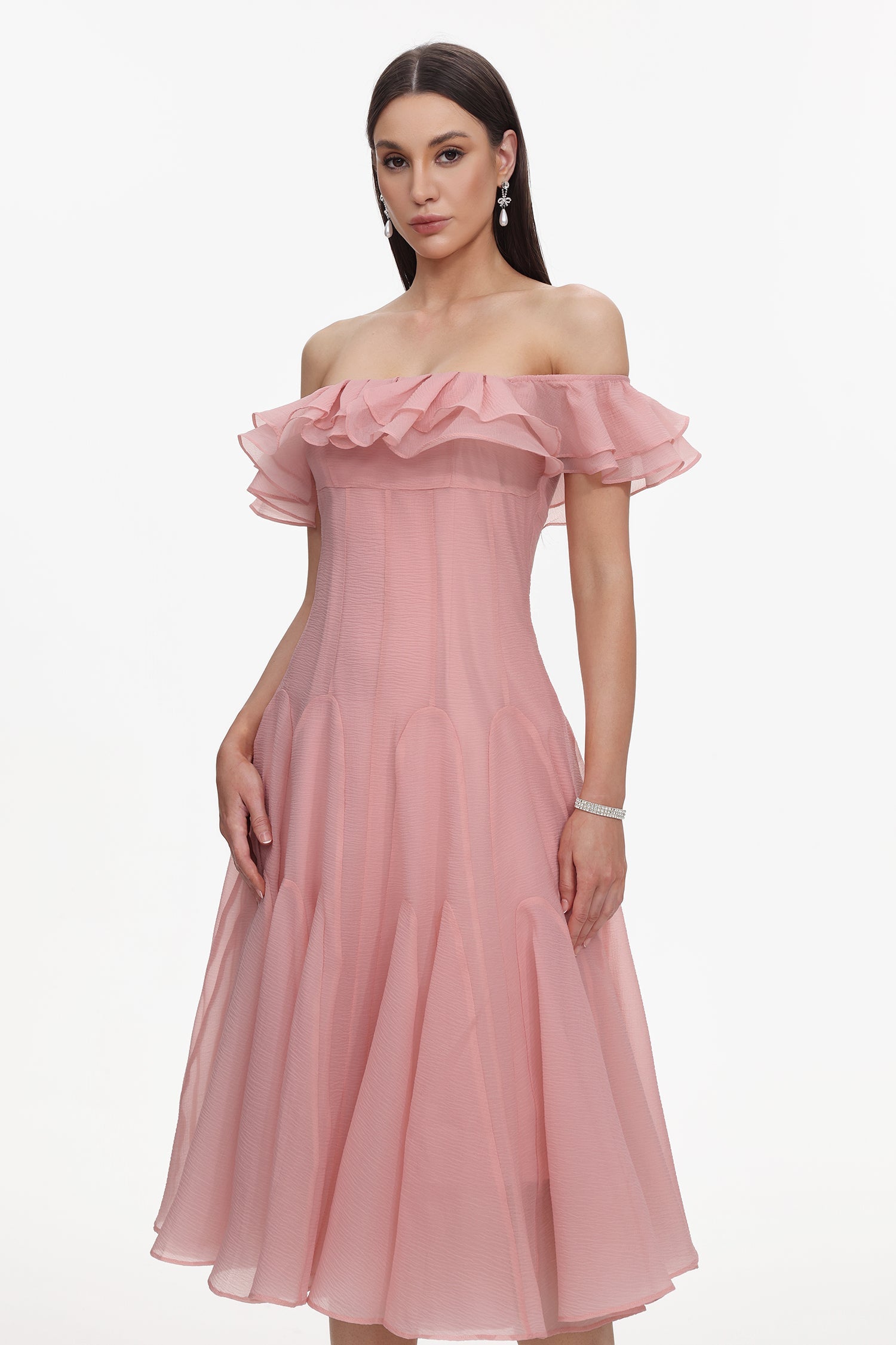 Wika Romantic Flowy Off Shoulder Ruffle Midi Dress D260101209