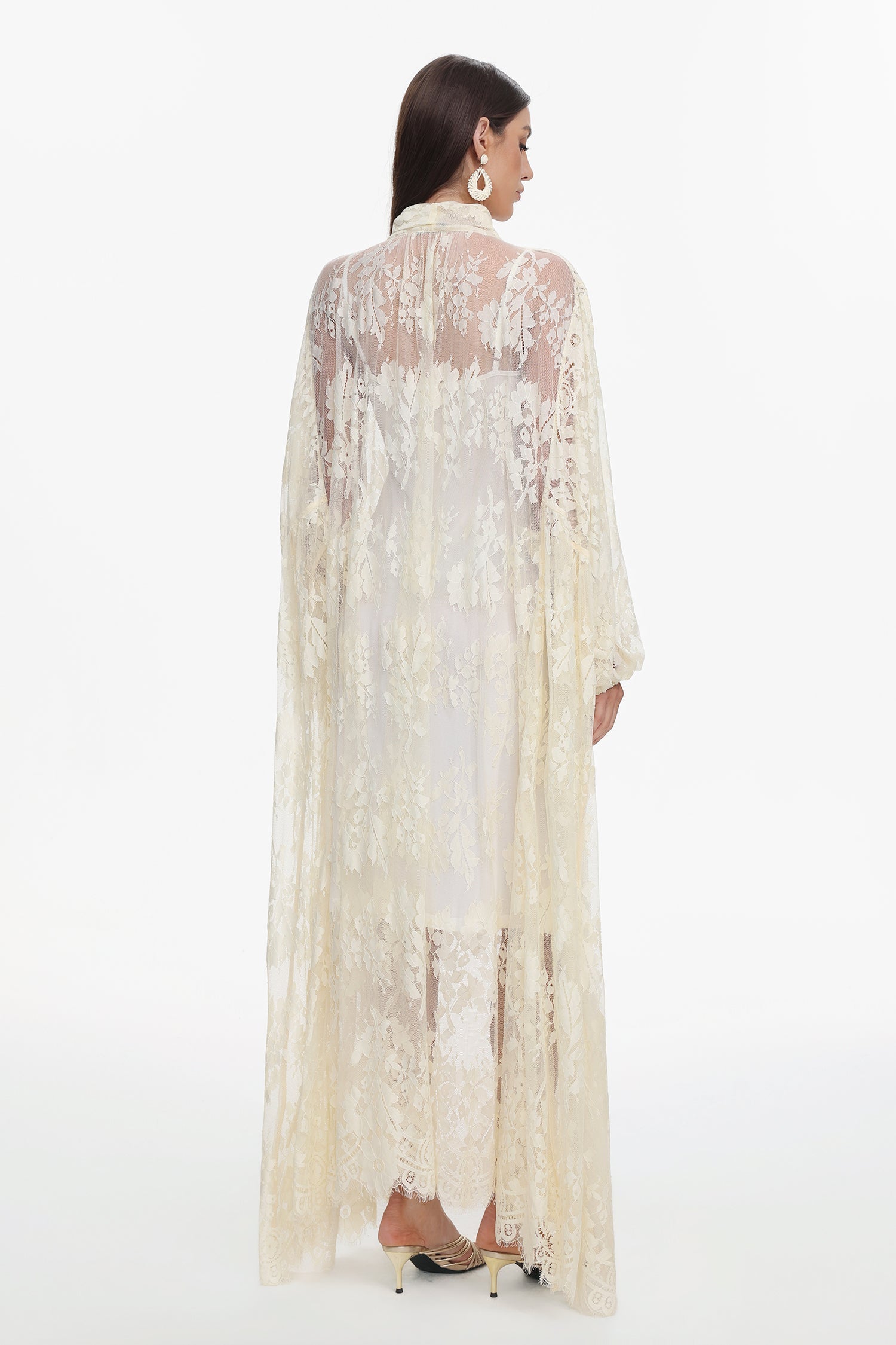 Deliyn Resort Flowy Long Sleeve Embroidered Mesh Lace Yellow Maxi Dress C251000037