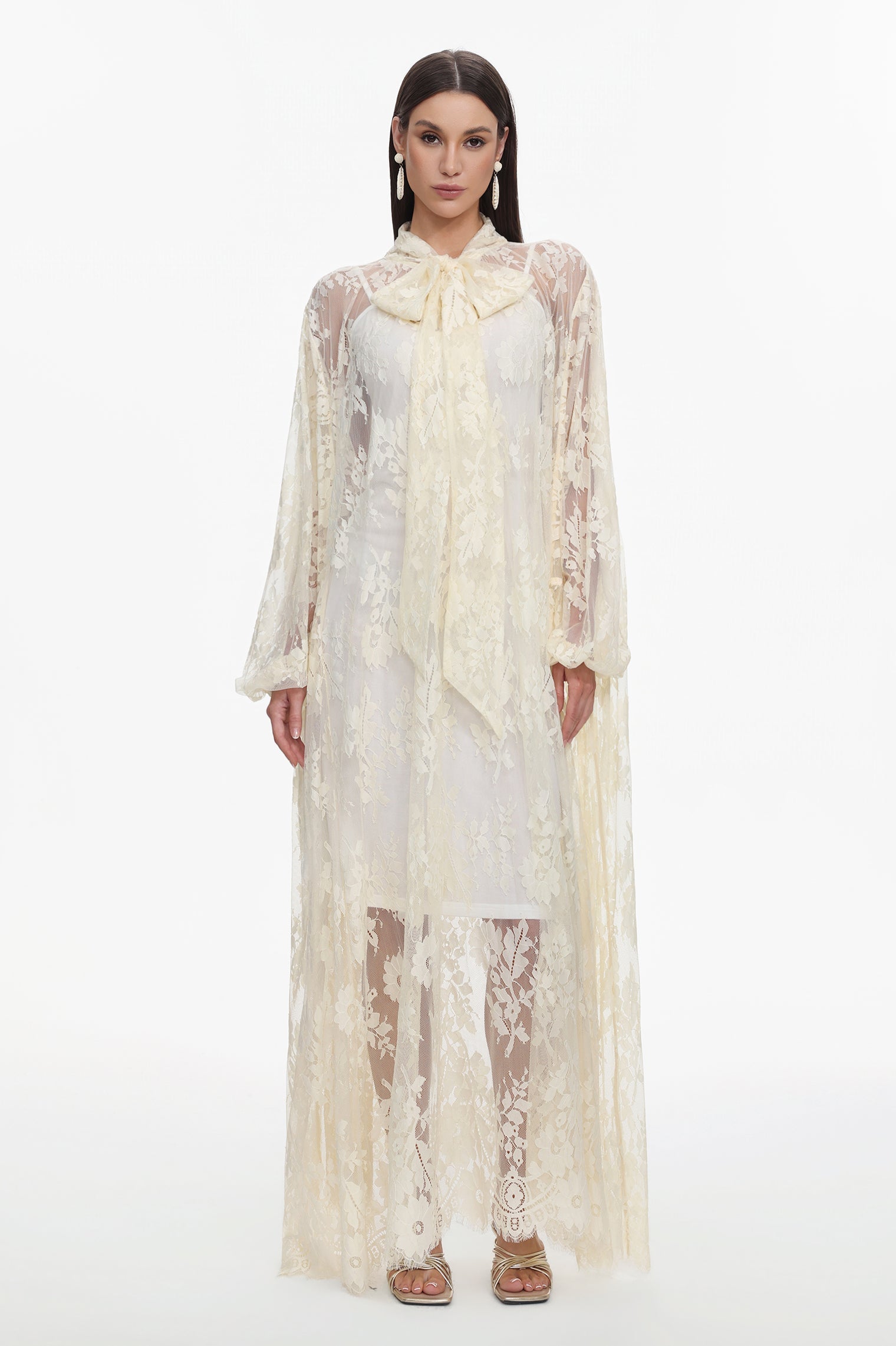 Deliyn Resort Flowy Long Sleeve Embroidered Mesh Lace Yellow Maxi Dress C251000037