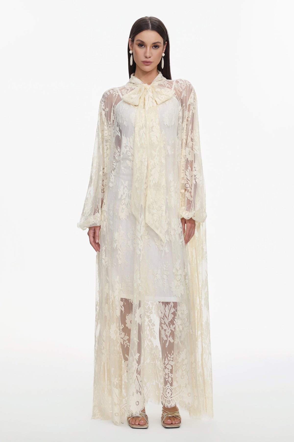 Deliyn Resort Flowy Long Sleeve Embroidered Mesh Lace Yellow Maxi Dress C251000037