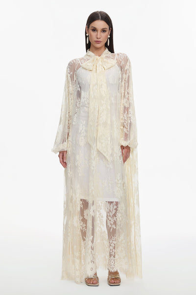 Yellow - Deliyn Resort Flowy Long Sleeve Embroidered Mesh Lace Yellow Maxi Dress by Bella Barnett