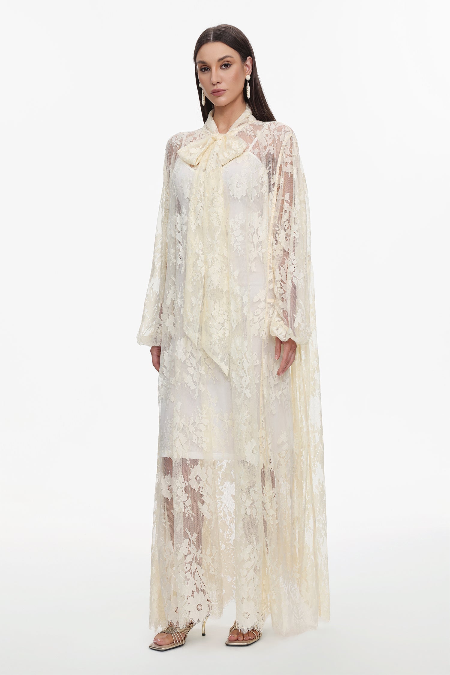 Deliyn Resort Flowy Long Sleeve Embroidered Mesh Lace Yellow Maxi Dress C251000037