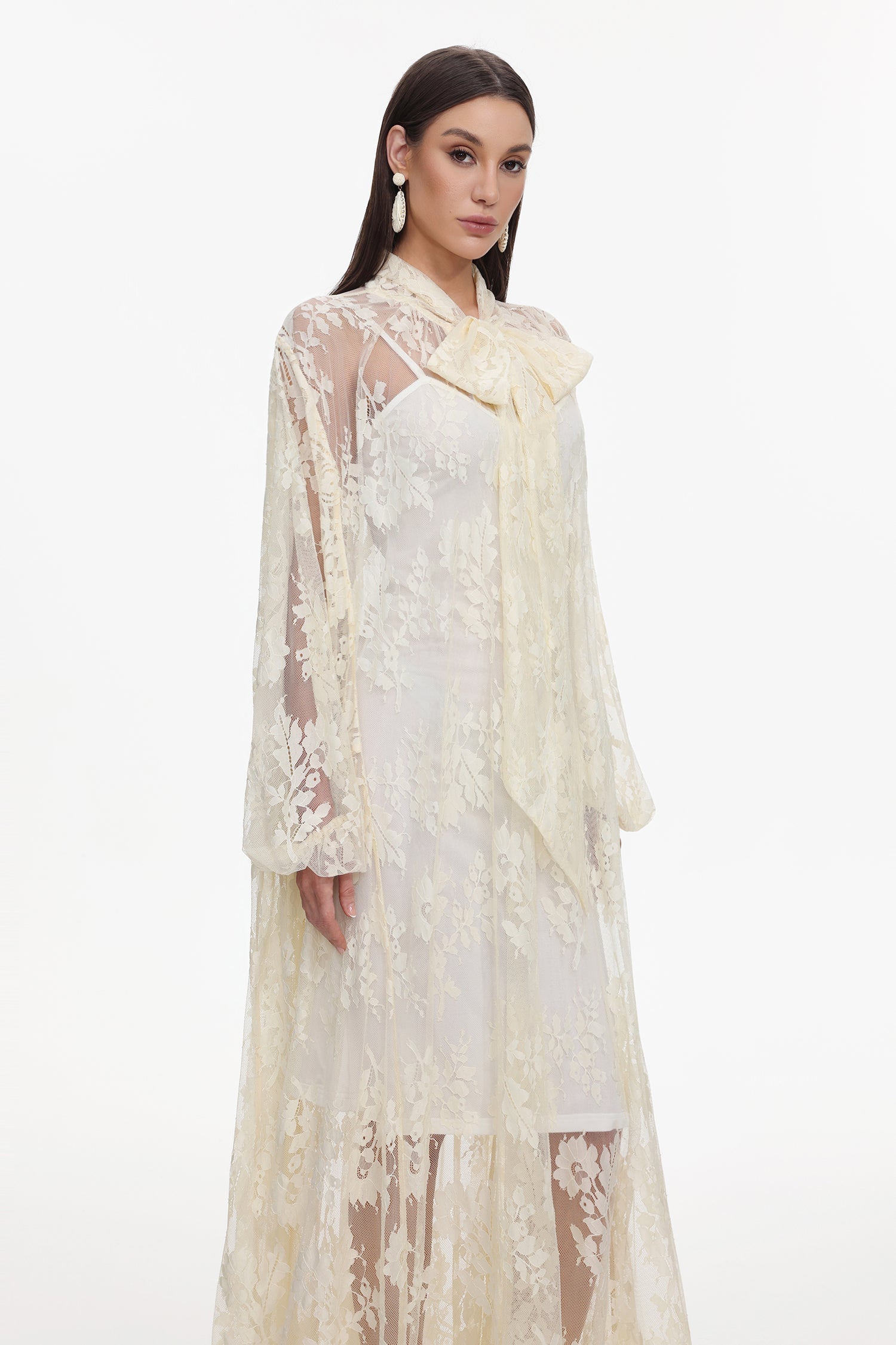 Deliyn Resort Flowy Long Sleeve Embroidered Mesh Lace Yellow Maxi Dress C251000037