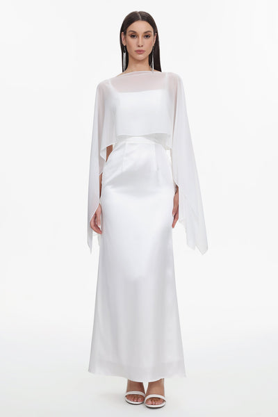 Beige - Sinai Elegant Flowy Sleeveless Chiffon Cape Maxi Dress by Bella Barnett